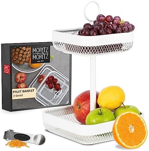 2-Tier White Metal Fruit & Cake Stand with Citrus Peeler – Modern Kitchen Organizer