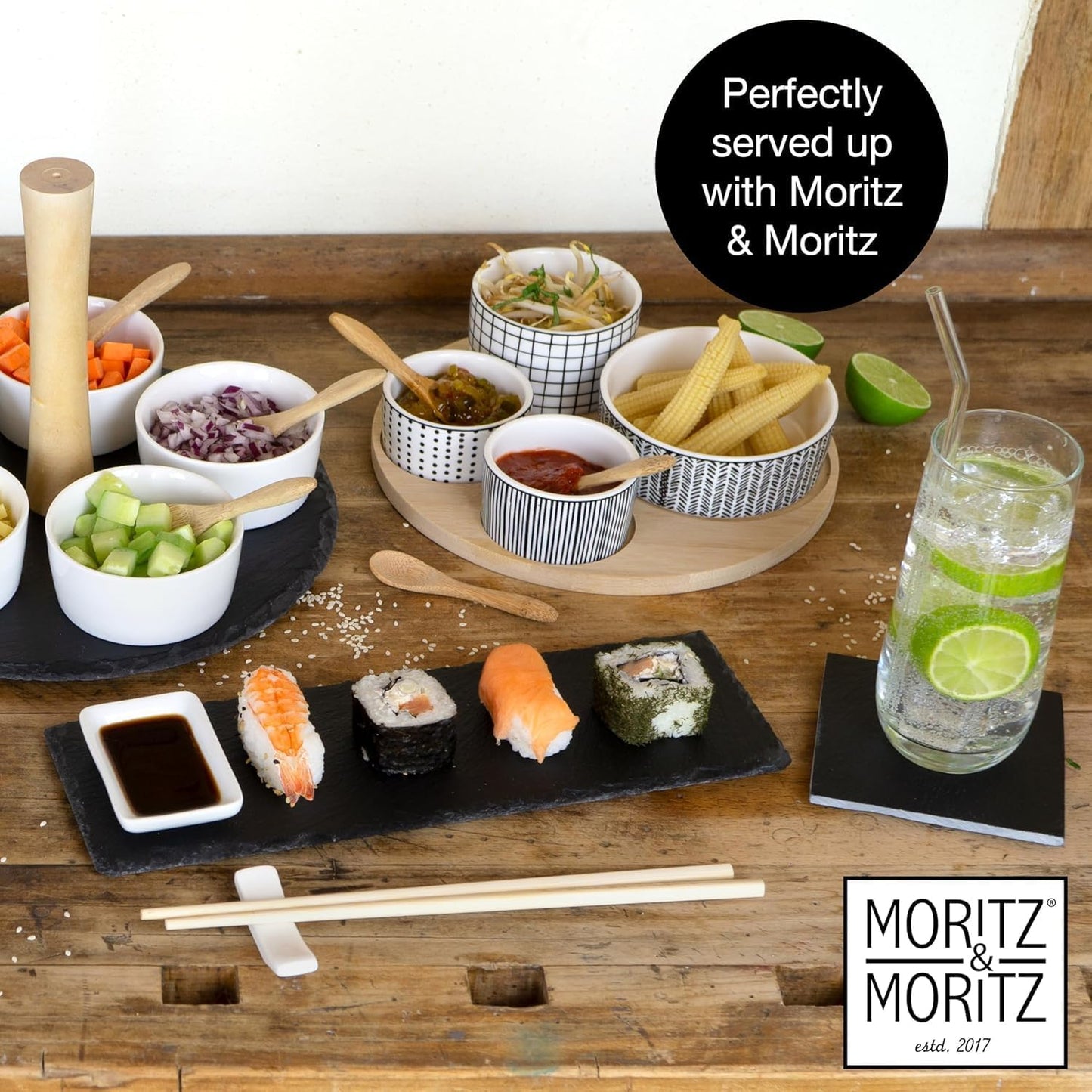 19-Piece Slate Coaster Set – Square & Round Coasters with Glass Straws, Bamboo Holder, Chalk Pen & Brush