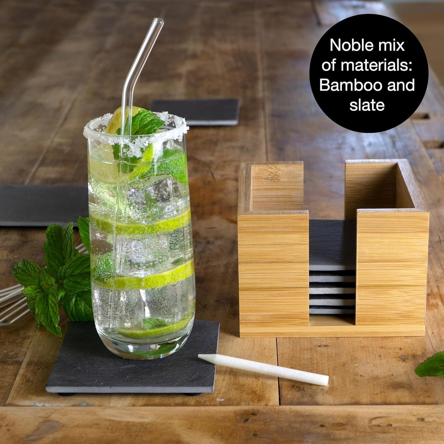 19-Piece Slate Coaster Set – Square & Round Coasters with Glass Straws, Bamboo Holder, Chalk Pen & Brush