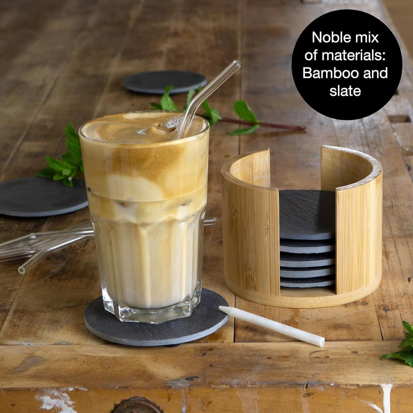 8-Piece Natural Slate Coaster Set with Bamboo Holder & Glass Straws – Includes Chalk Pen & Brush