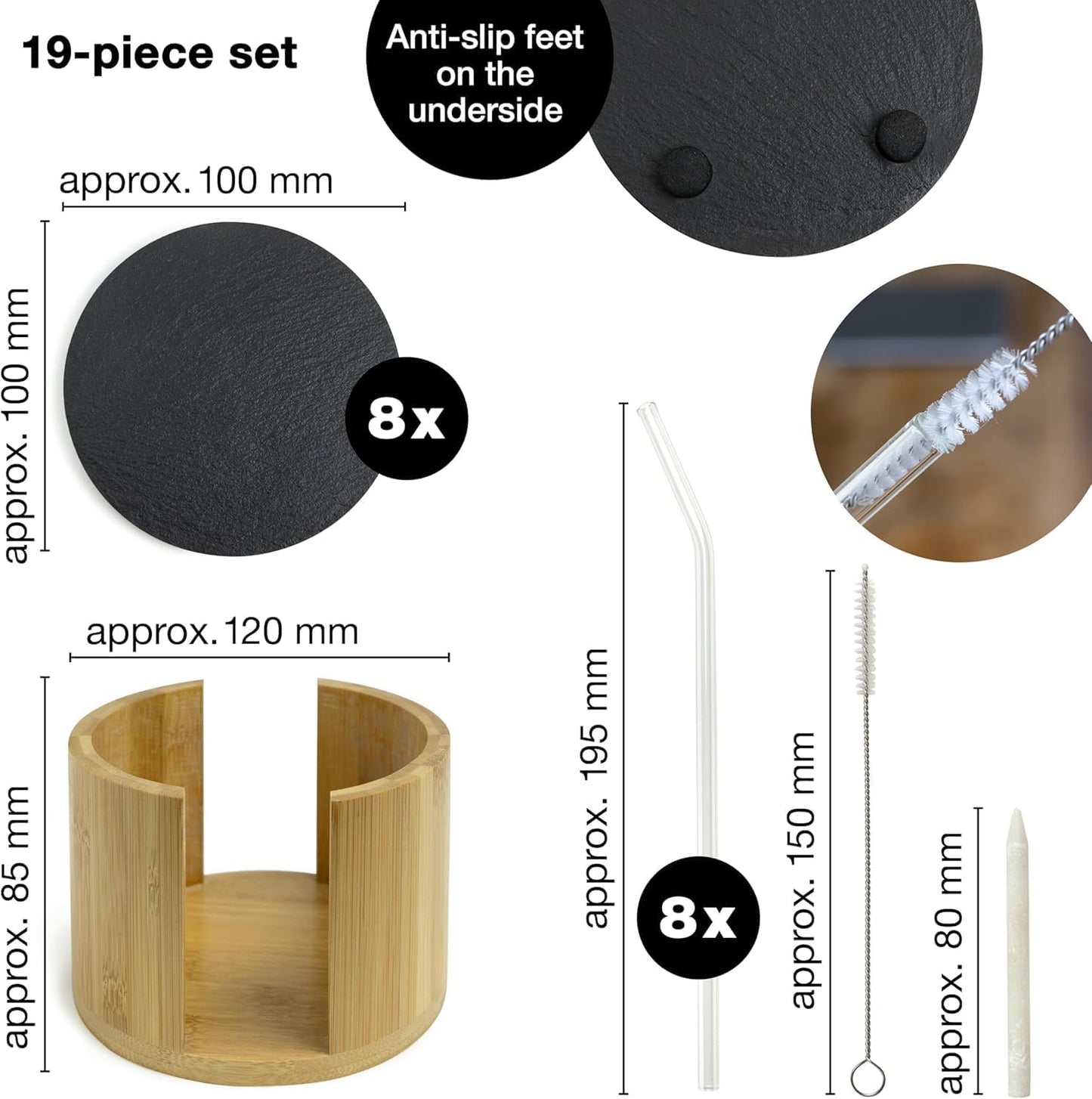 8-Piece Natural Slate Coaster Set with Bamboo Holder & Glass Straws – Includes Chalk Pen & Brush