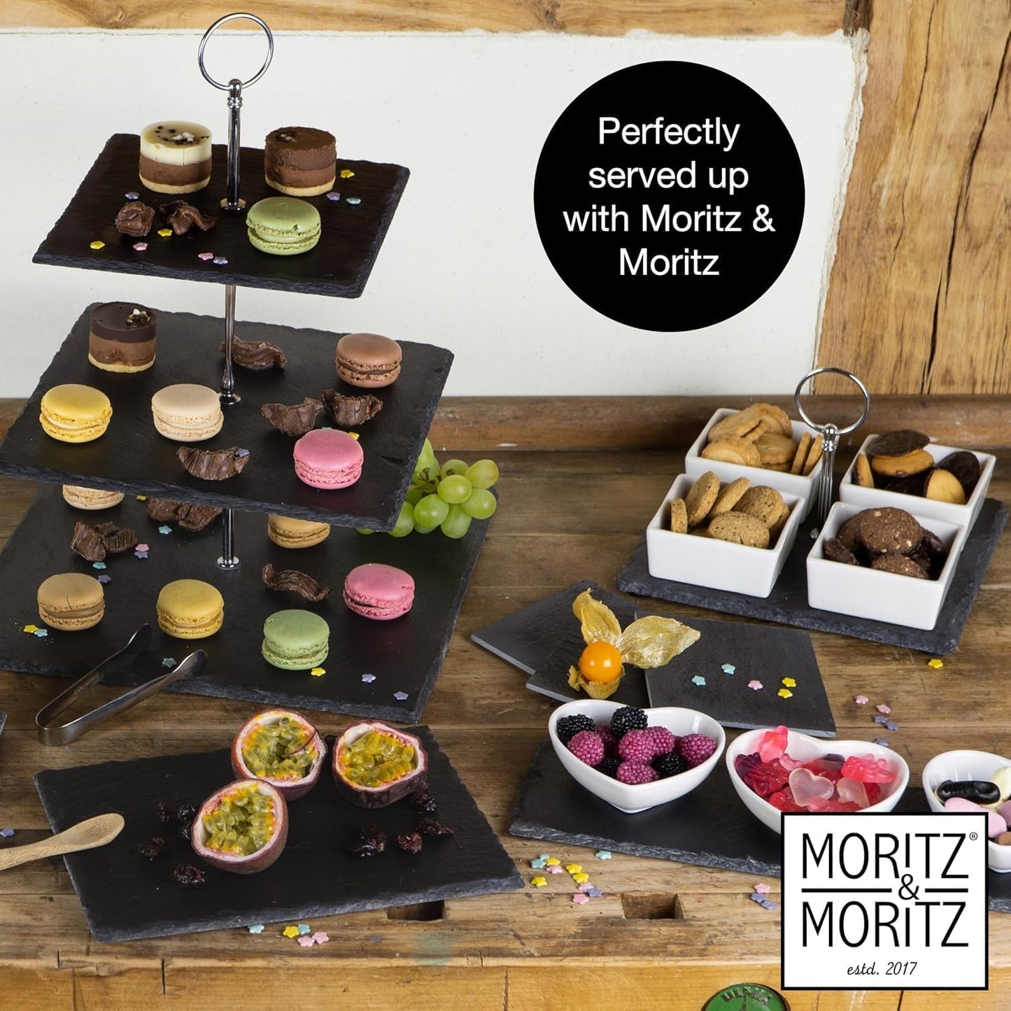 Slate Serving Platter Set with Ceramic Bowls & Bamboo Spoons – Snack & Appetizer Tray