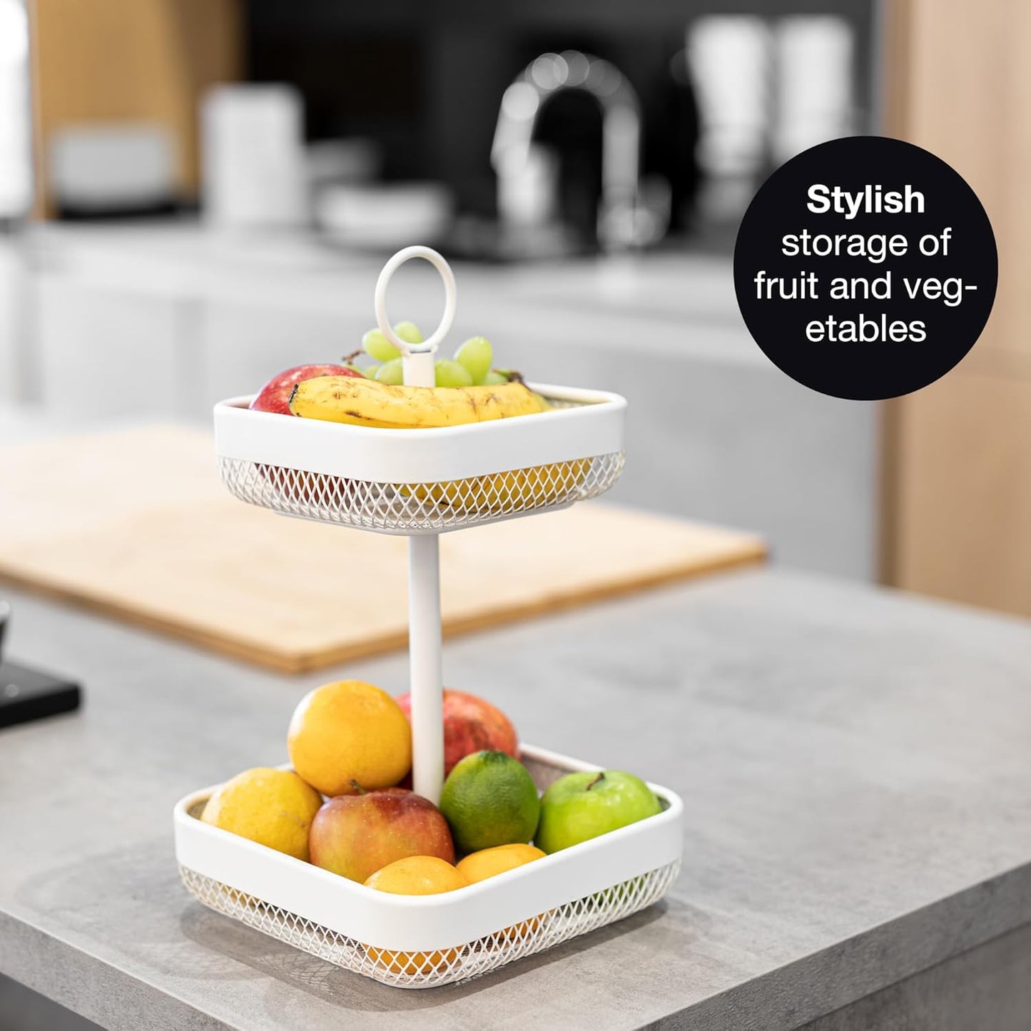 2-Tier White Metal Fruit & Cake Stand with Citrus Peeler – Modern Kitchen Organizer