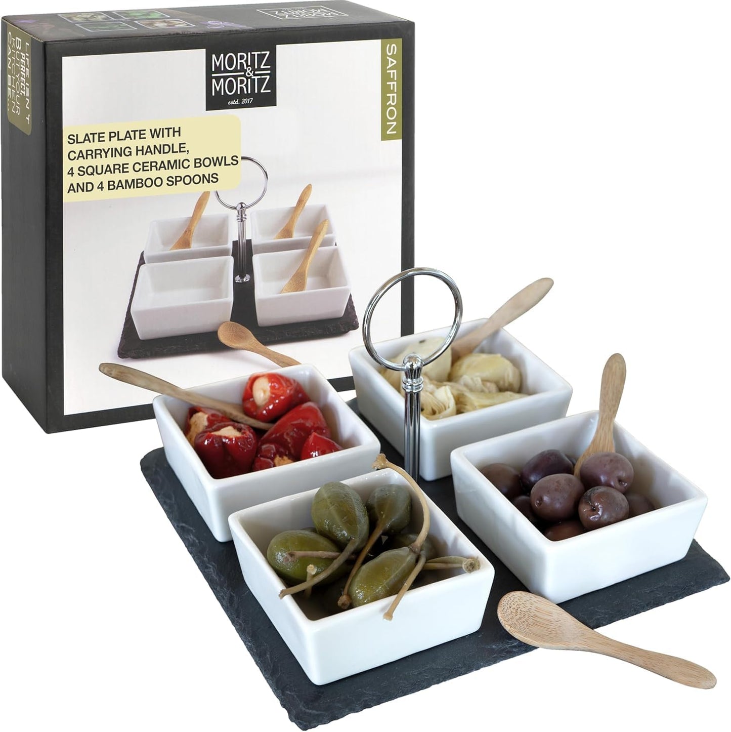 Slate Serving Platter Set with Ceramic Bowls & Bamboo Spoons – Snack & Appetizer Tray