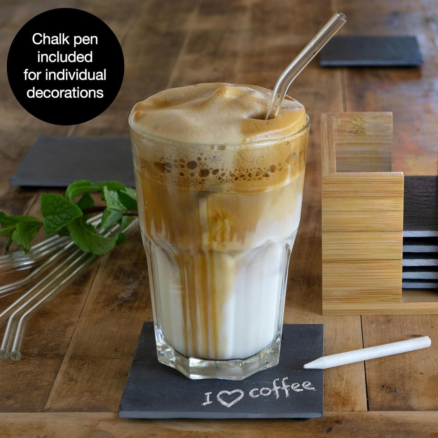 19-Piece Slate Coaster Set – Square & Round Coasters with Glass Straws, Bamboo Holder, Chalk Pen & Brush
