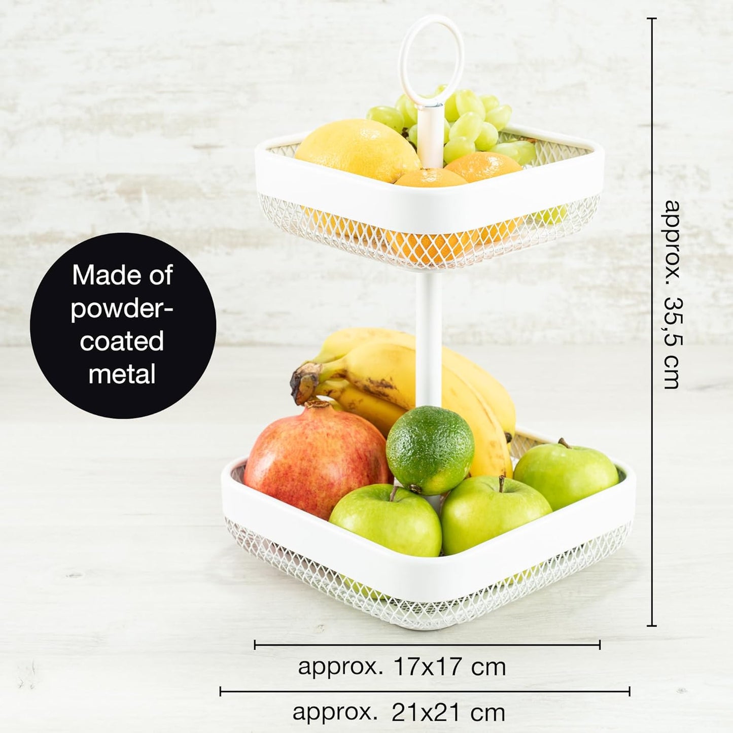 2-Tier White Metal Fruit & Cake Stand with Citrus Peeler – Modern Kitchen Organizer