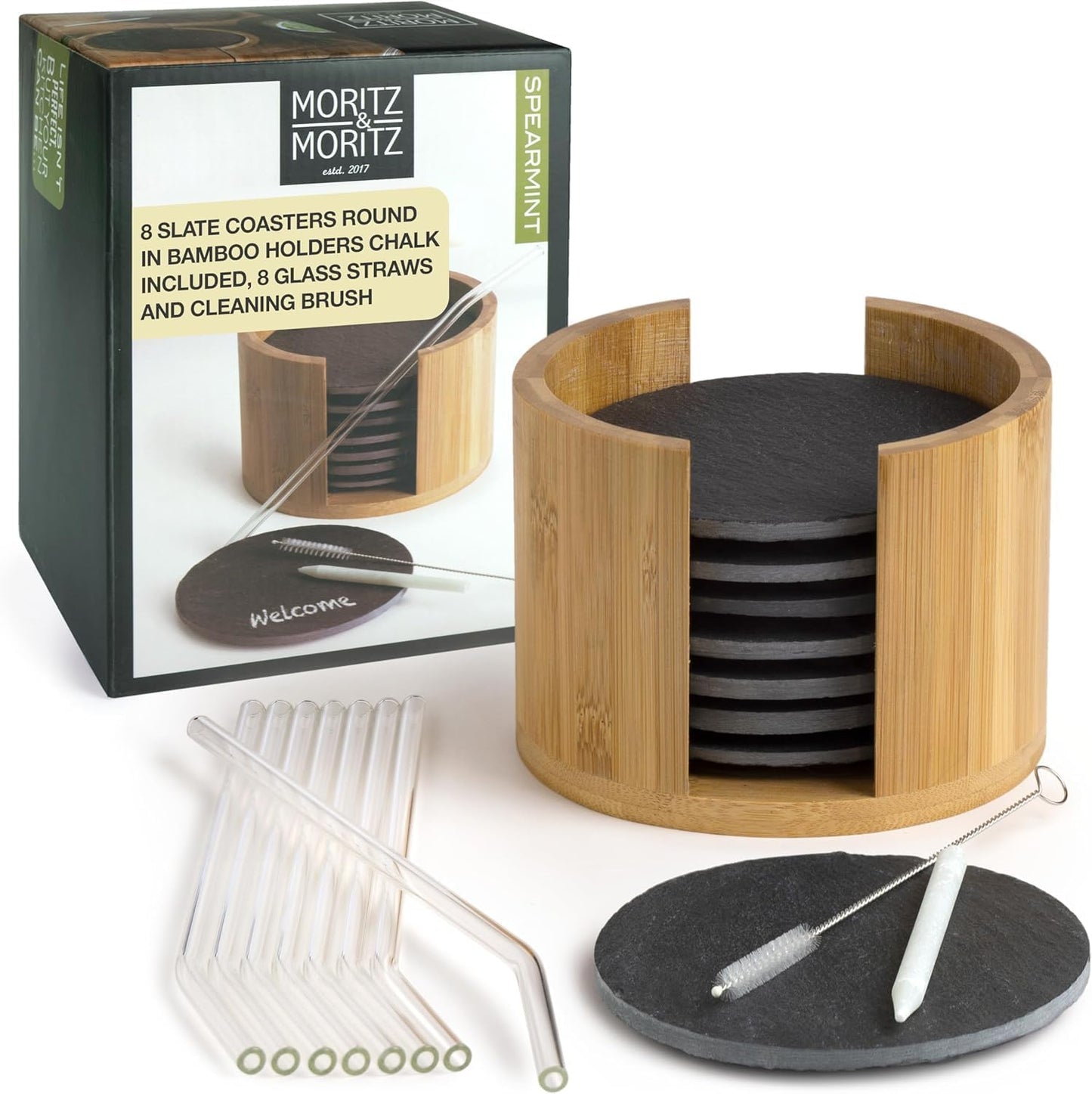 8-Piece Natural Slate Coaster Set with Bamboo Holder & Glass Straws – Includes Chalk Pen & Brush