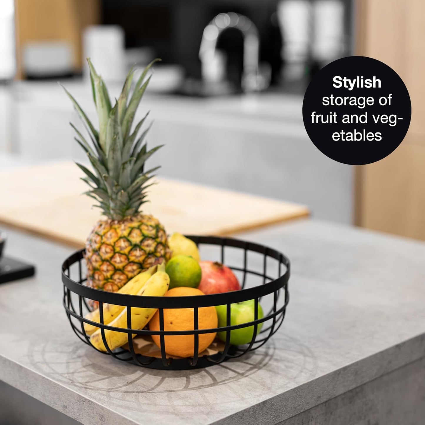 12" Black Metal Fruit Bowl – Modern Counter Basket for Fruit, Veggies & Bread