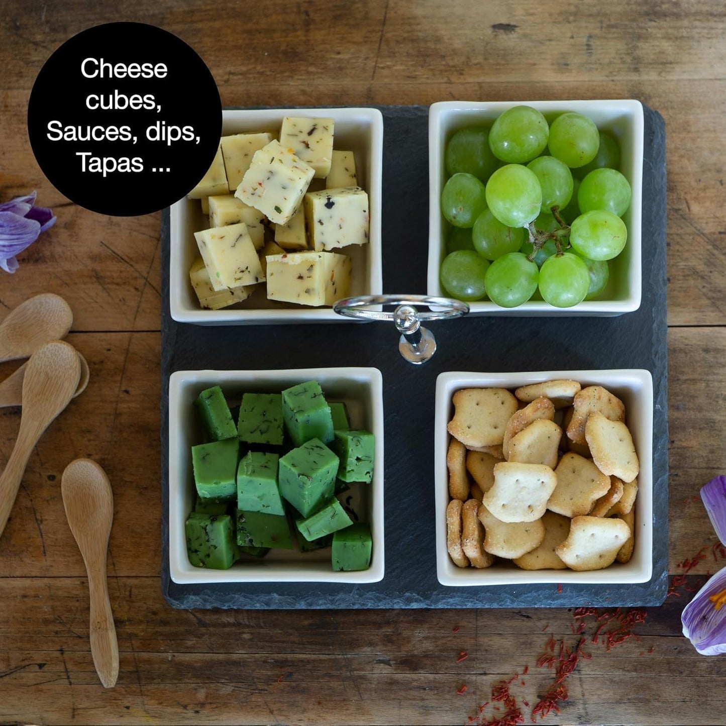Slate Serving Platter Set with Ceramic Bowls & Bamboo Spoons – Snack & Appetizer Tray