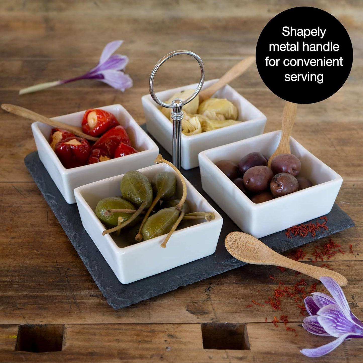 Slate Serving Platter Set with Ceramic Bowls & Bamboo Spoons – Snack & Appetizer Tray