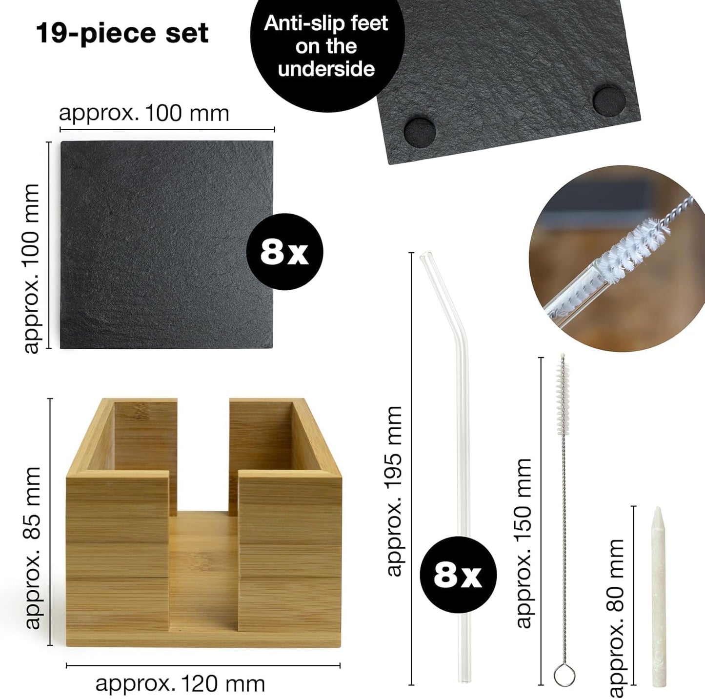 19-Piece Slate Coaster Set – Square & Round Coasters with Glass Straws, Bamboo Holder, Chalk Pen & Brush