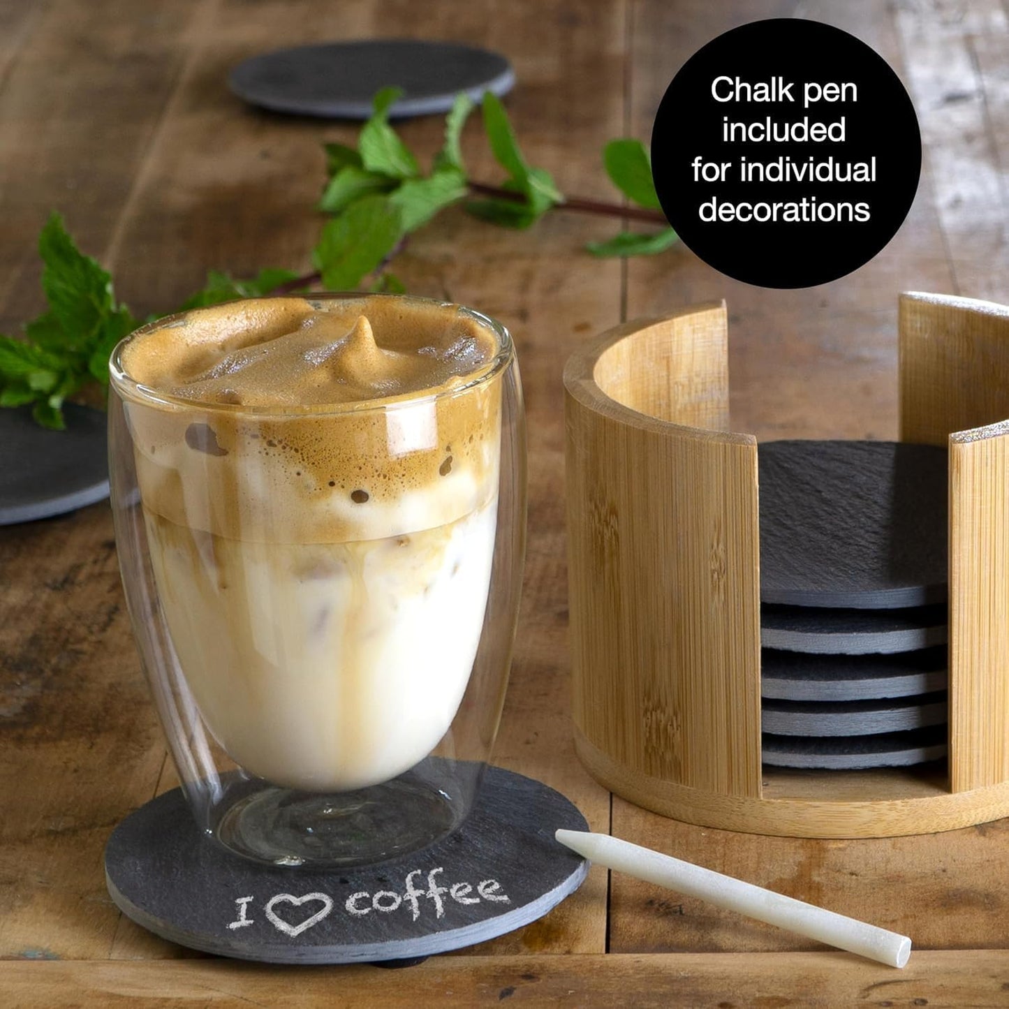 8-Piece Natural Slate Coaster Set with Bamboo Holder & Glass Straws – Includes Chalk Pen & Brush