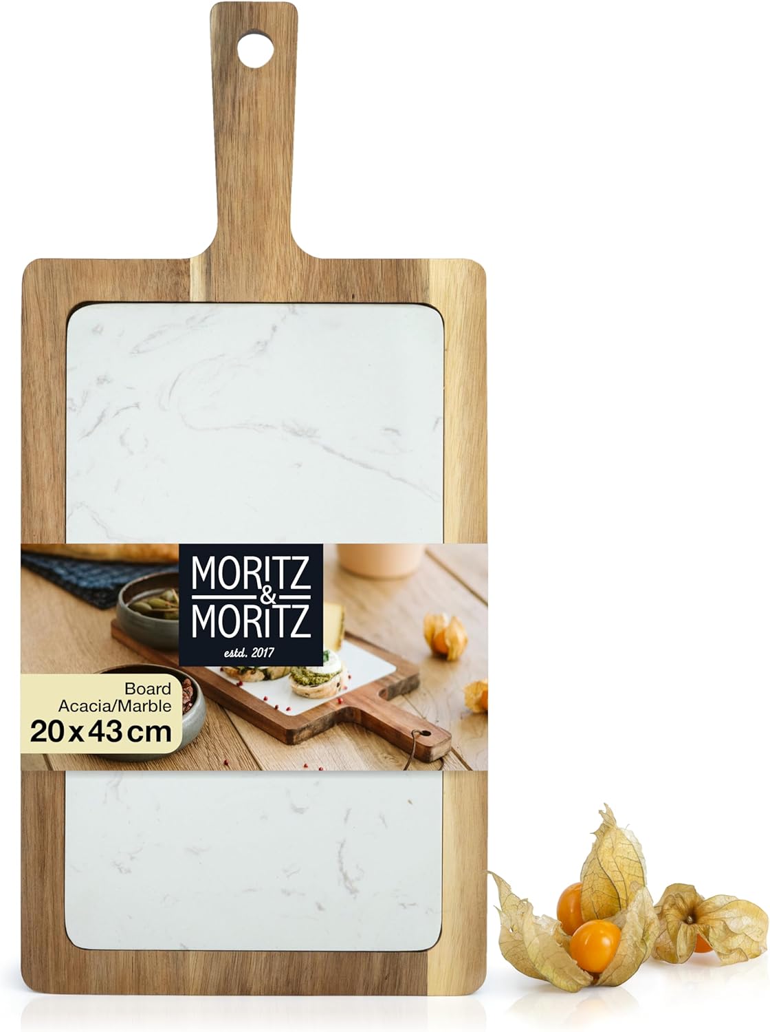 Acacia Wood & Marble Serving Tray – Elegant Charcuterie & Cheese Board