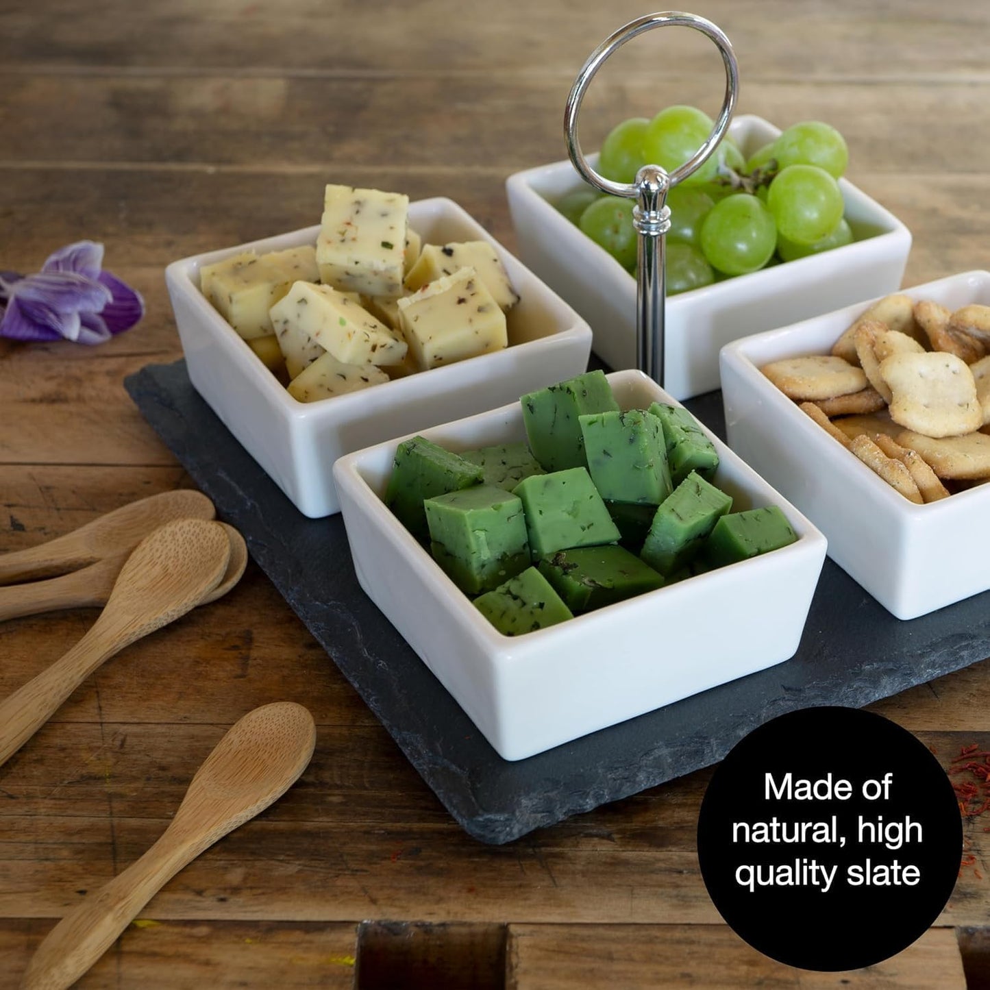 Slate Serving Platter Set with Ceramic Bowls & Bamboo Spoons – Snack & Appetizer Tray