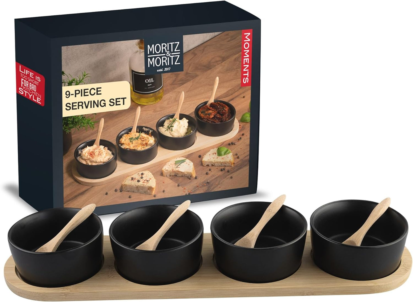 Black Serving Bowl Set with Spoon & Board – Tapas, Dips, Snacks, Entertaining