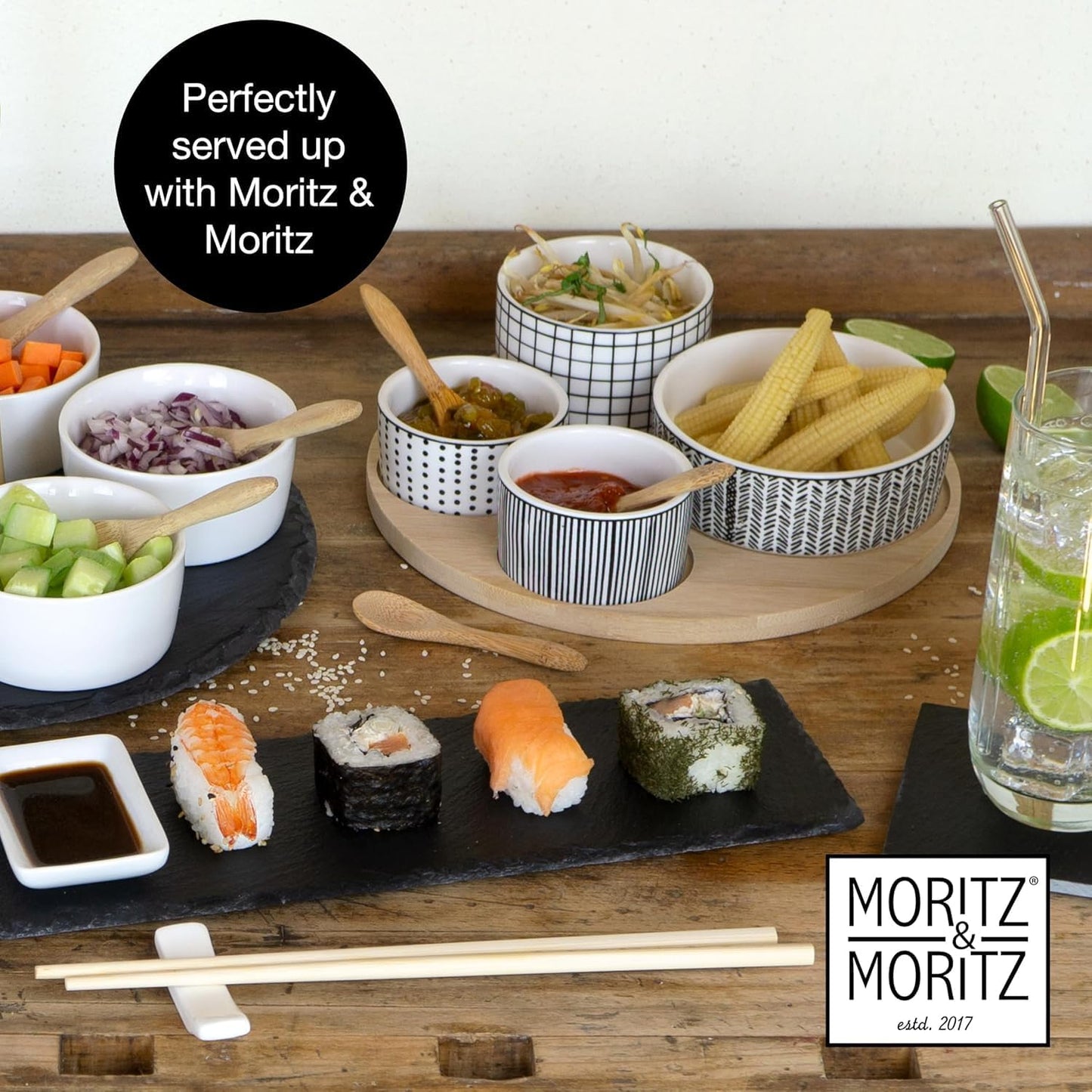 Bamboo Serving Platter with Ceramic Bowls & Spoons – Elegant Snack & Dip Set for Entertaining