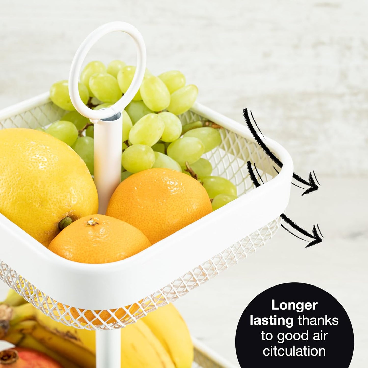 2-Tier White Metal Fruit & Cake Stand with Citrus Peeler – Modern Kitchen Organizer