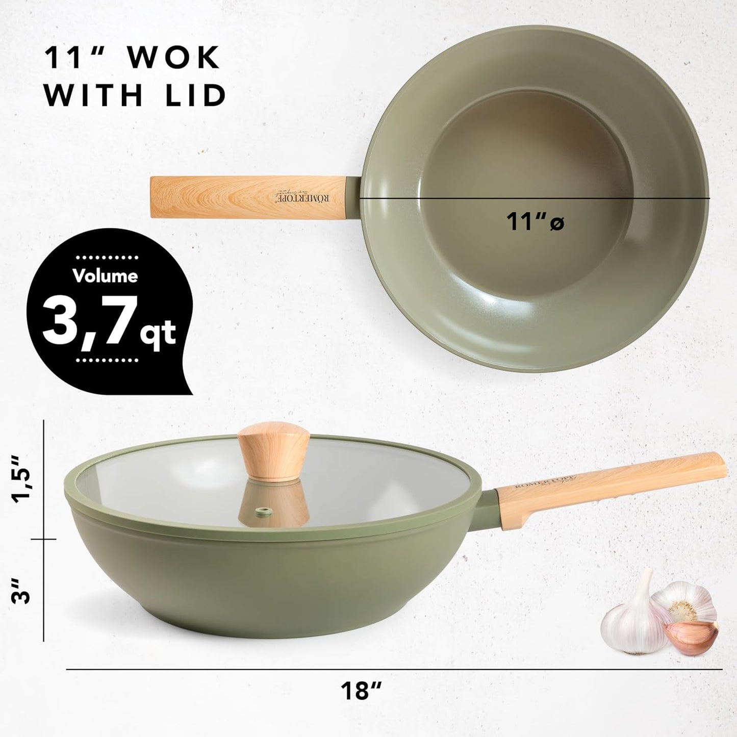 11" Ceramic Non Stick Wok with Lid – Induction Compatible, Flat Bottom, Large