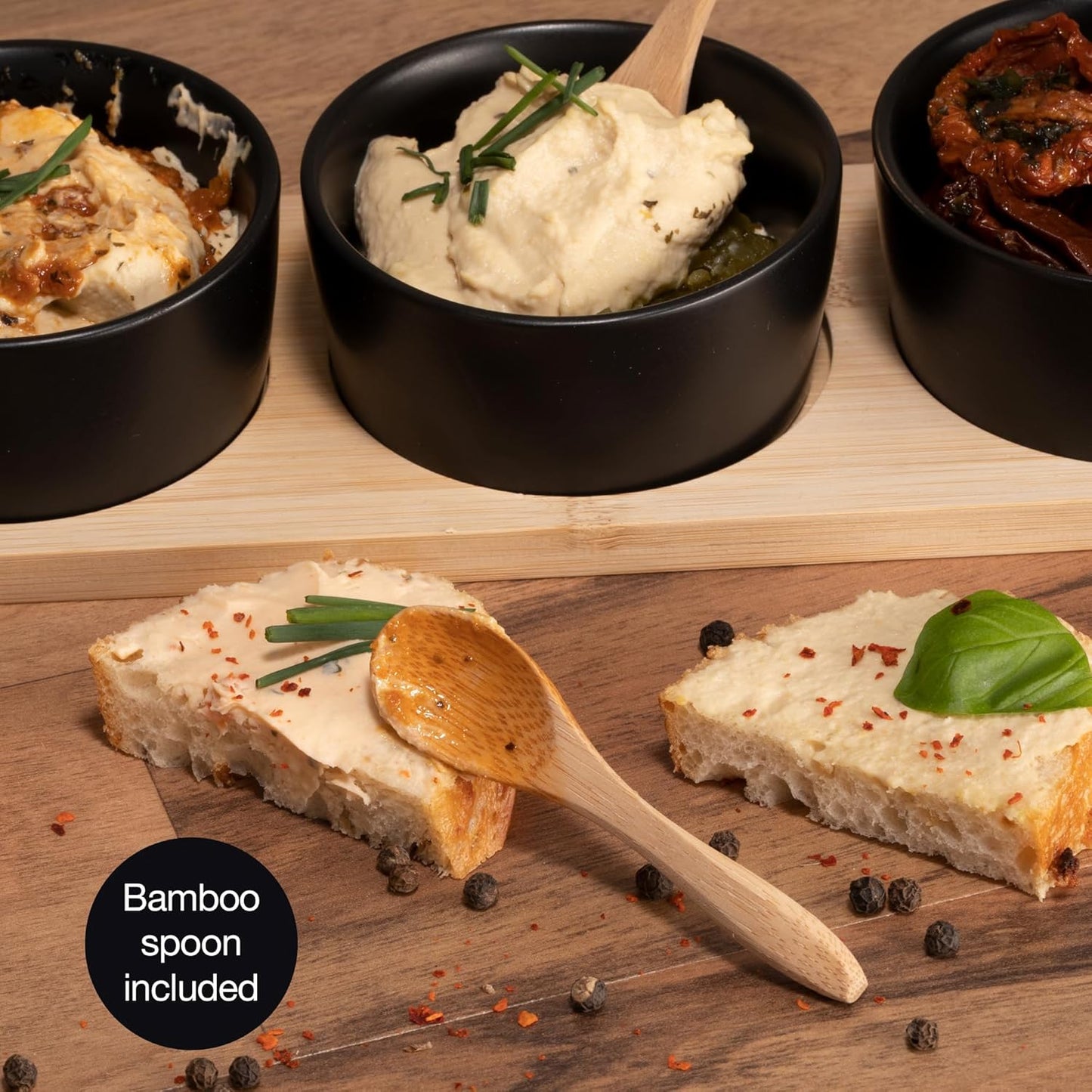 Black Serving Bowl Set with Spoon & Board – Tapas, Dips, Snacks, Entertaining