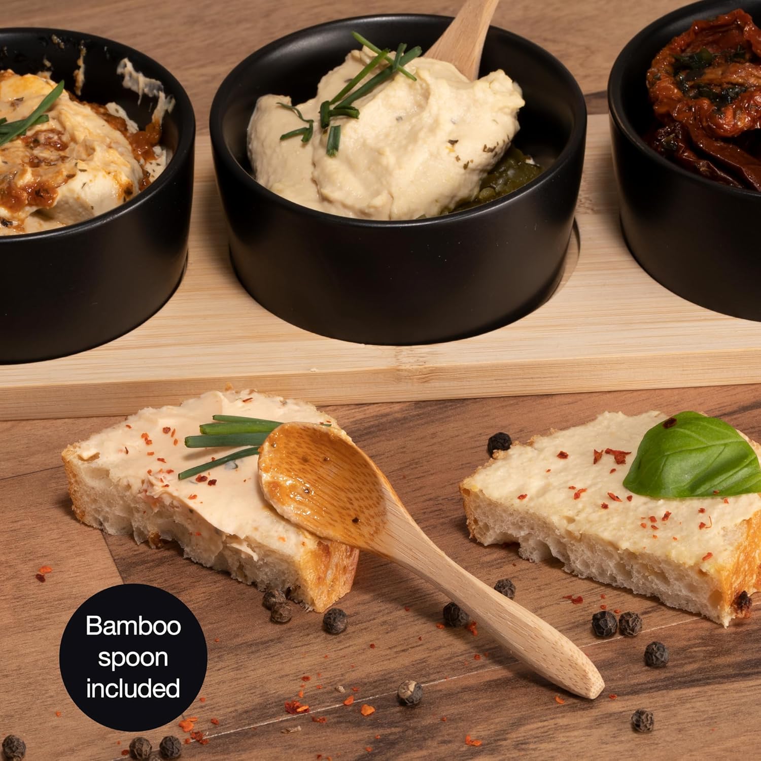 Black Ceramic Serving Bowl Set with Spoon & Slate Board – Appetizer & Dip Dish