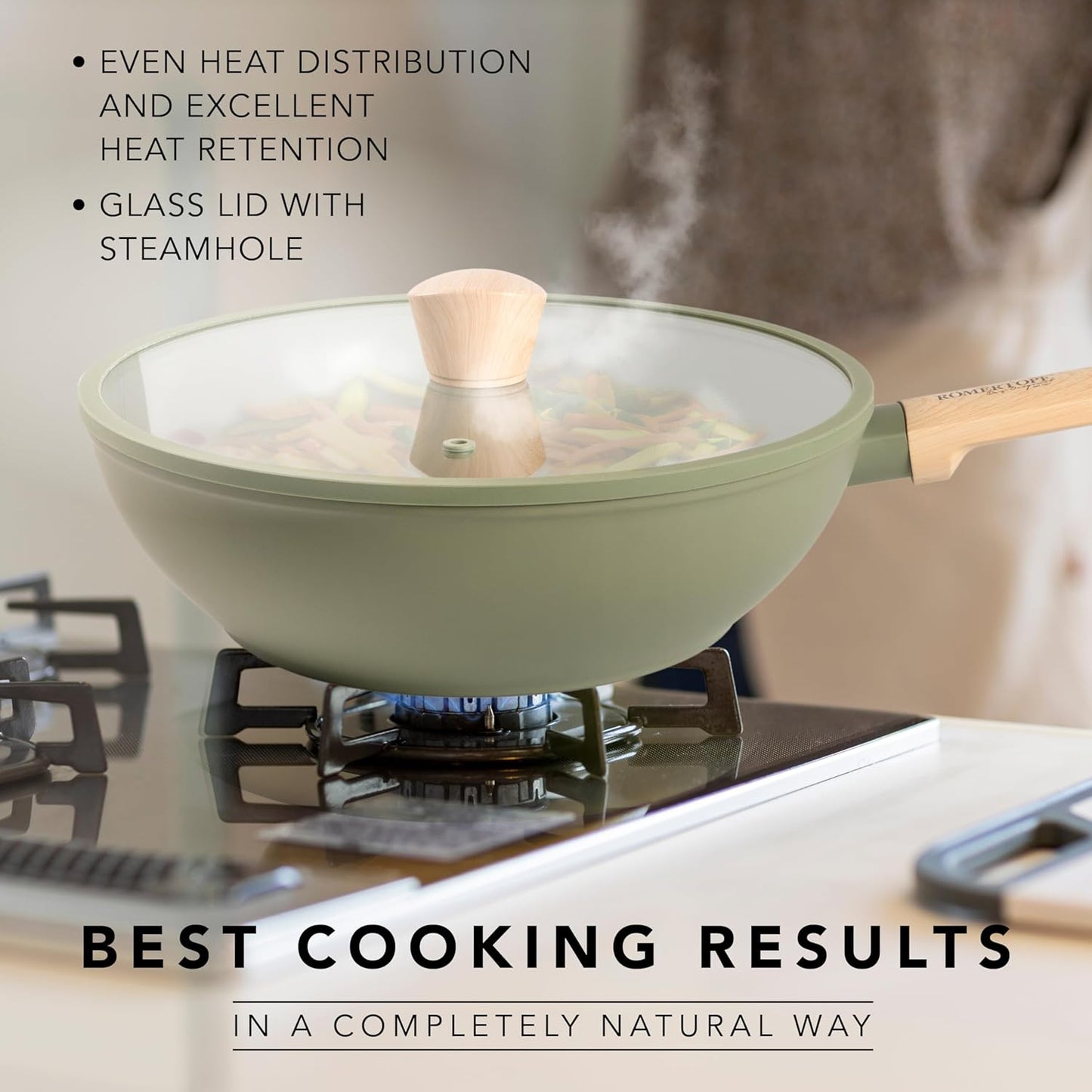 11" Ceramic Non Stick Wok with Lid – Induction Compatible, Flat Bottom, Large