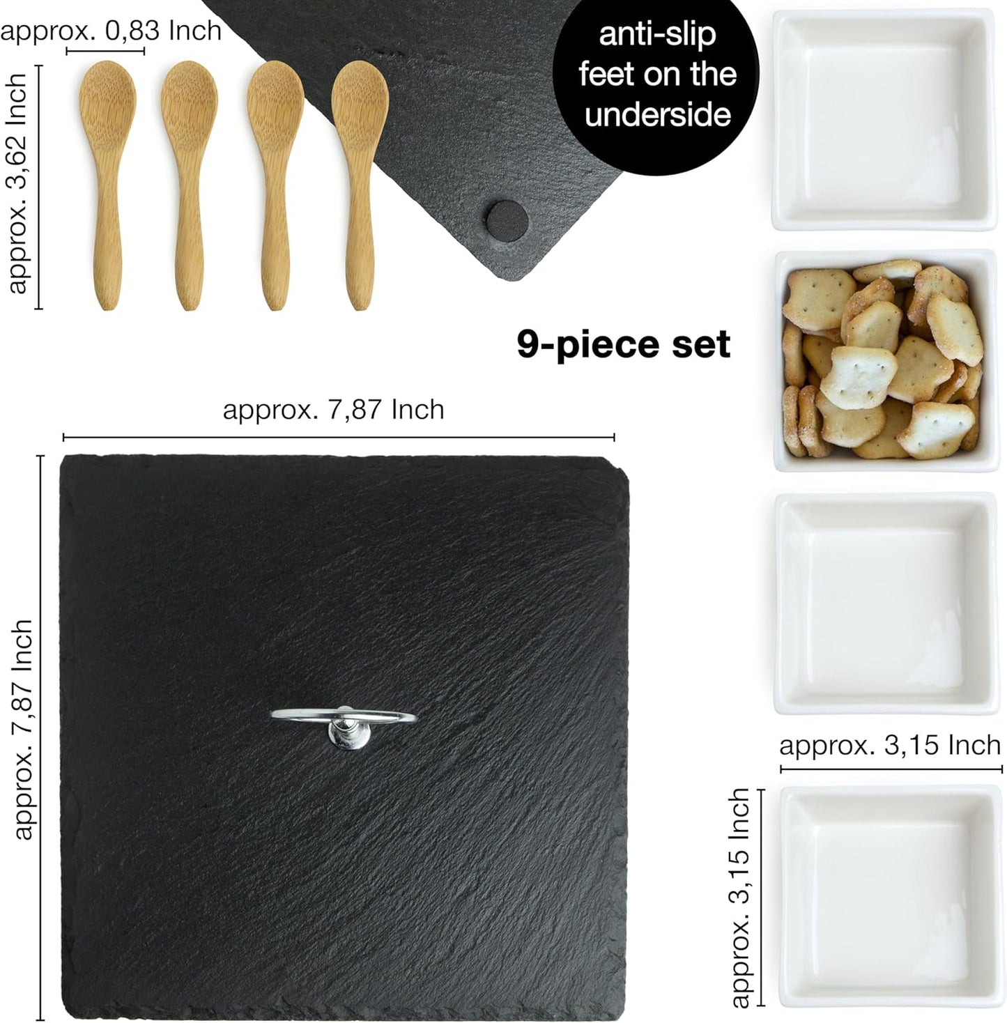 Slate Serving Platter Set with Ceramic Bowls & Bamboo Spoons – Snack & Appetizer Tray