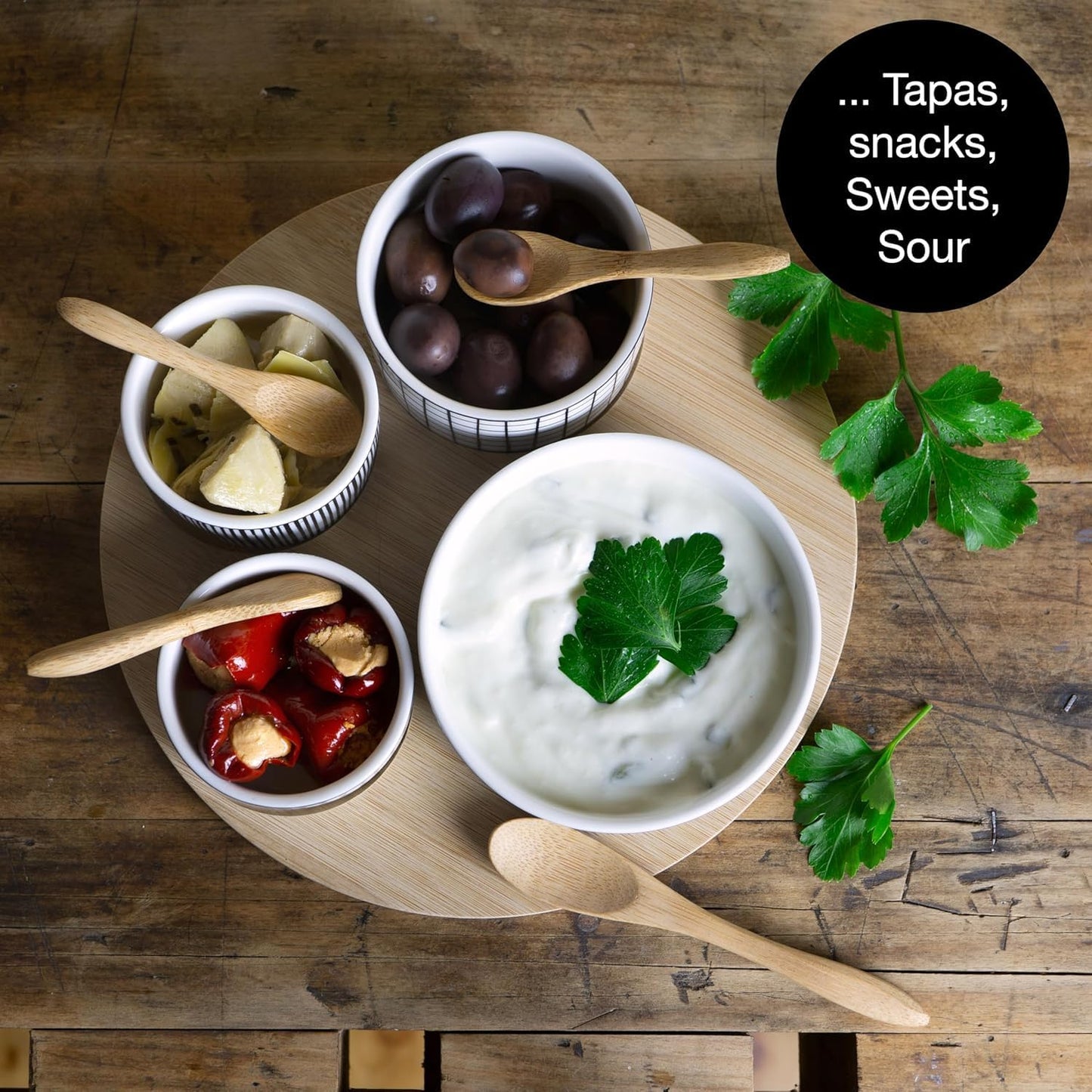 Bamboo Serving Platter with Ceramic Bowls & Spoons – Elegant Snack & Dip Set for Entertaining