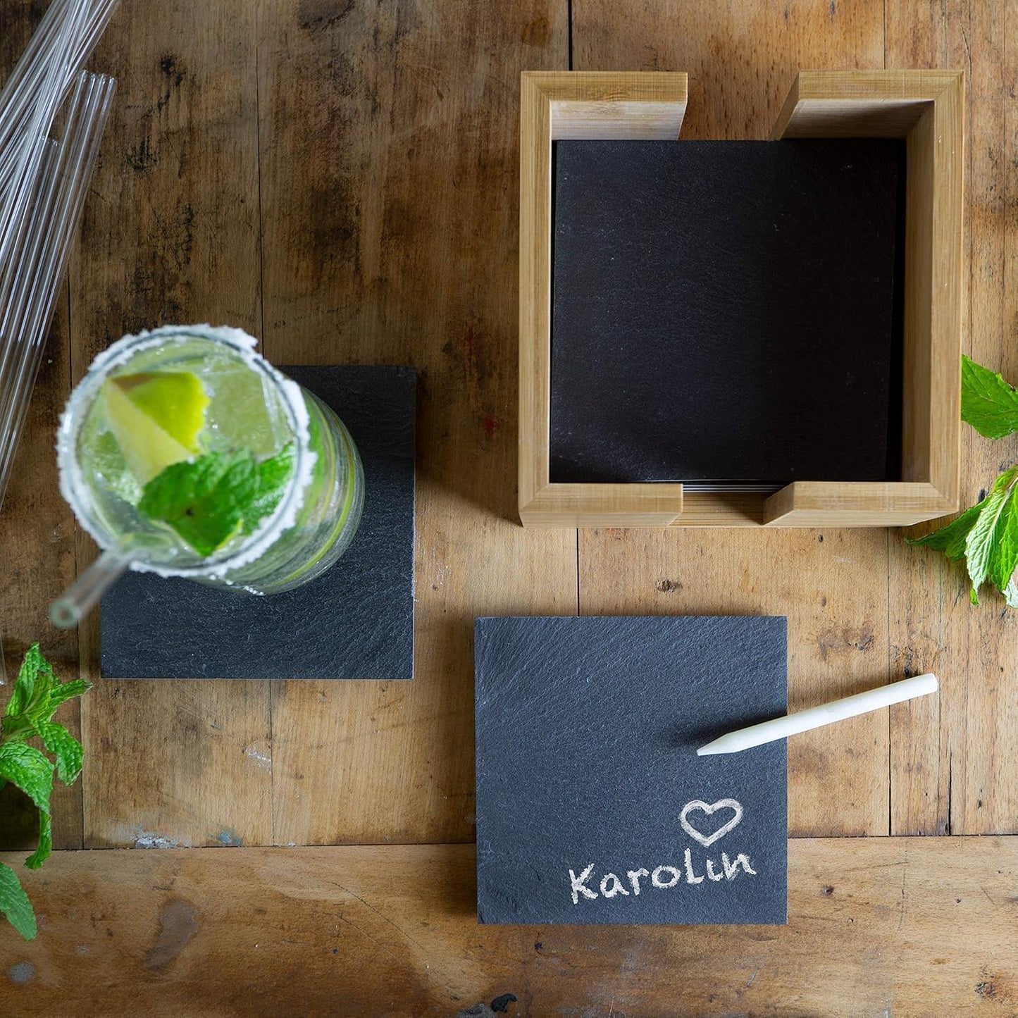 19-Piece Slate Coaster Set – Square & Round Coasters with Glass Straws, Bamboo Holder, Chalk Pen & Brush