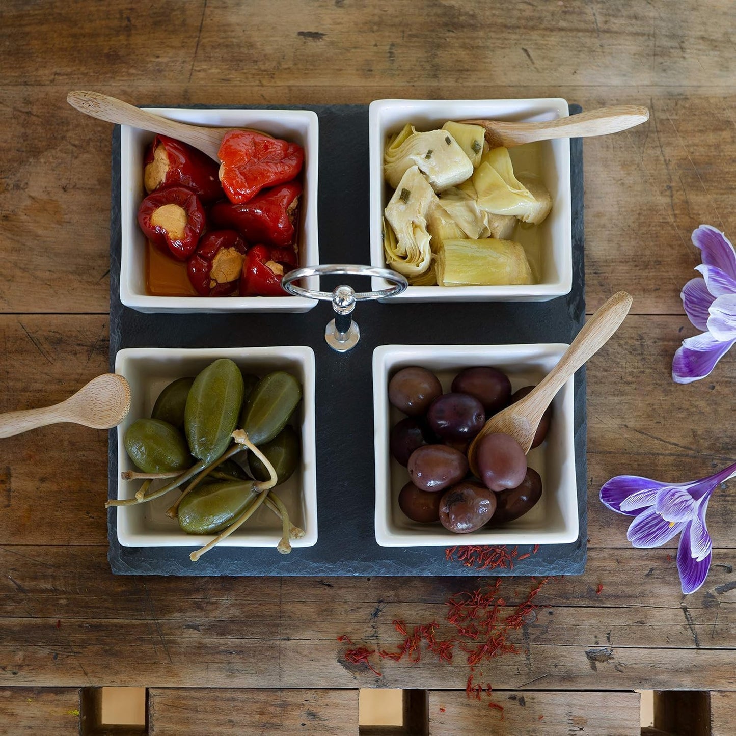 Slate Serving Platter Set with Ceramic Bowls & Bamboo Spoons – Snack & Appetizer Tray