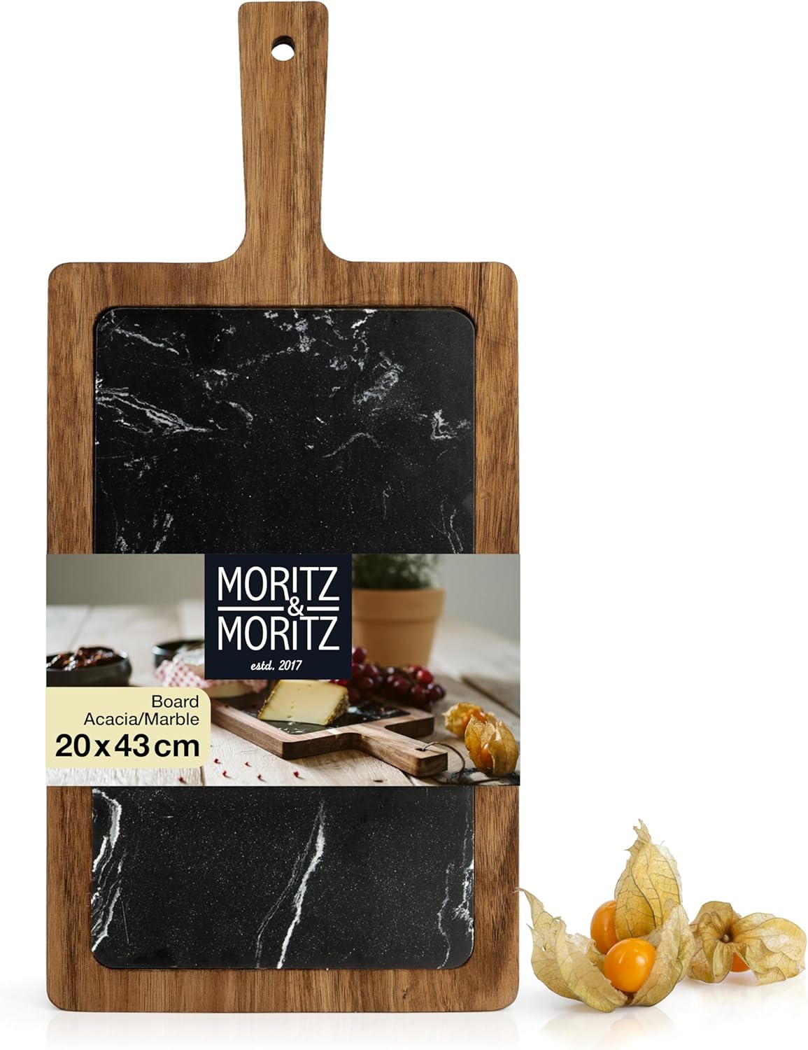 Acacia Wood & Marble Serving Board – Removable, Elegant, 43x20cm Tray