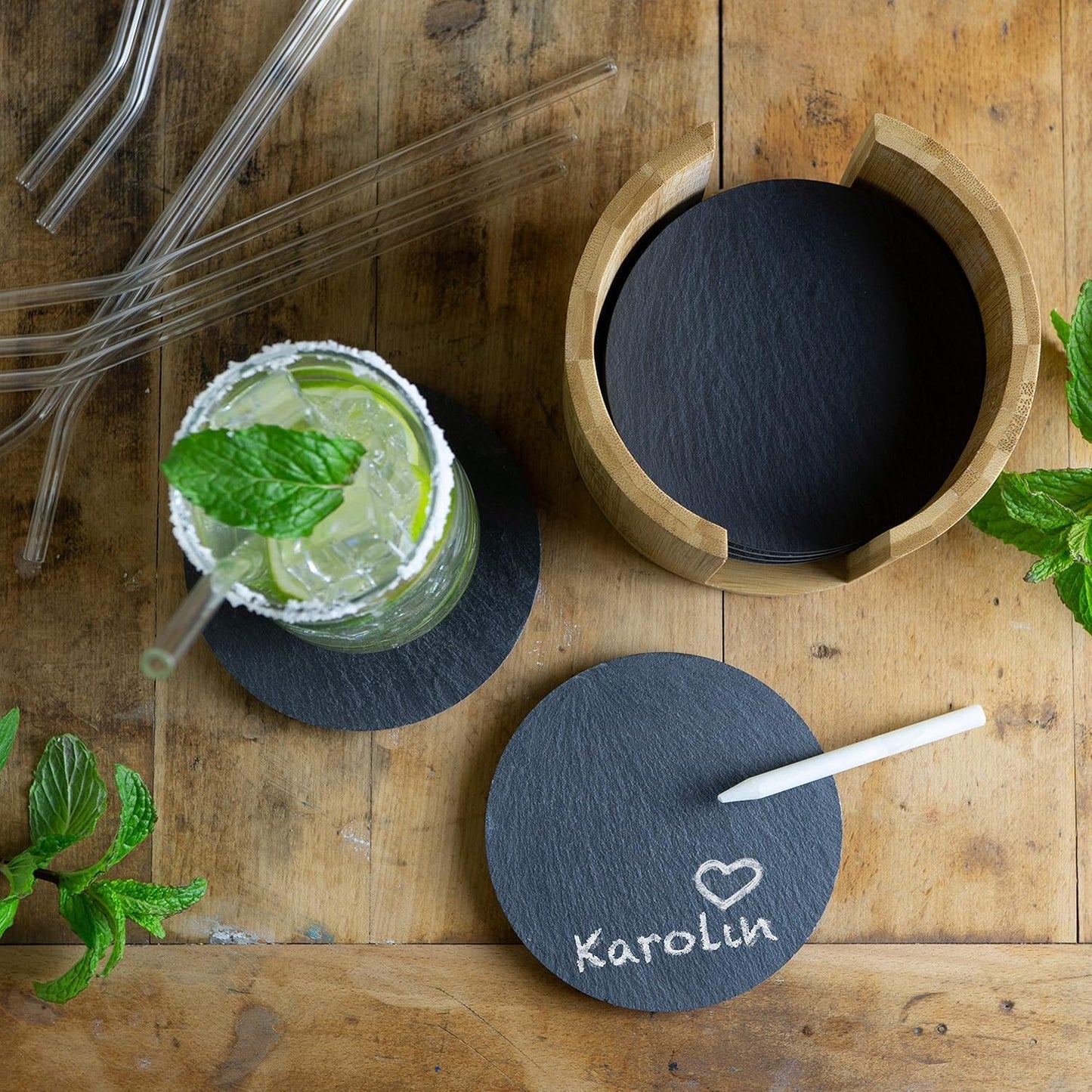 8-Piece Natural Slate Coaster Set with Bamboo Holder & Glass Straws – Includes Chalk Pen & Brush