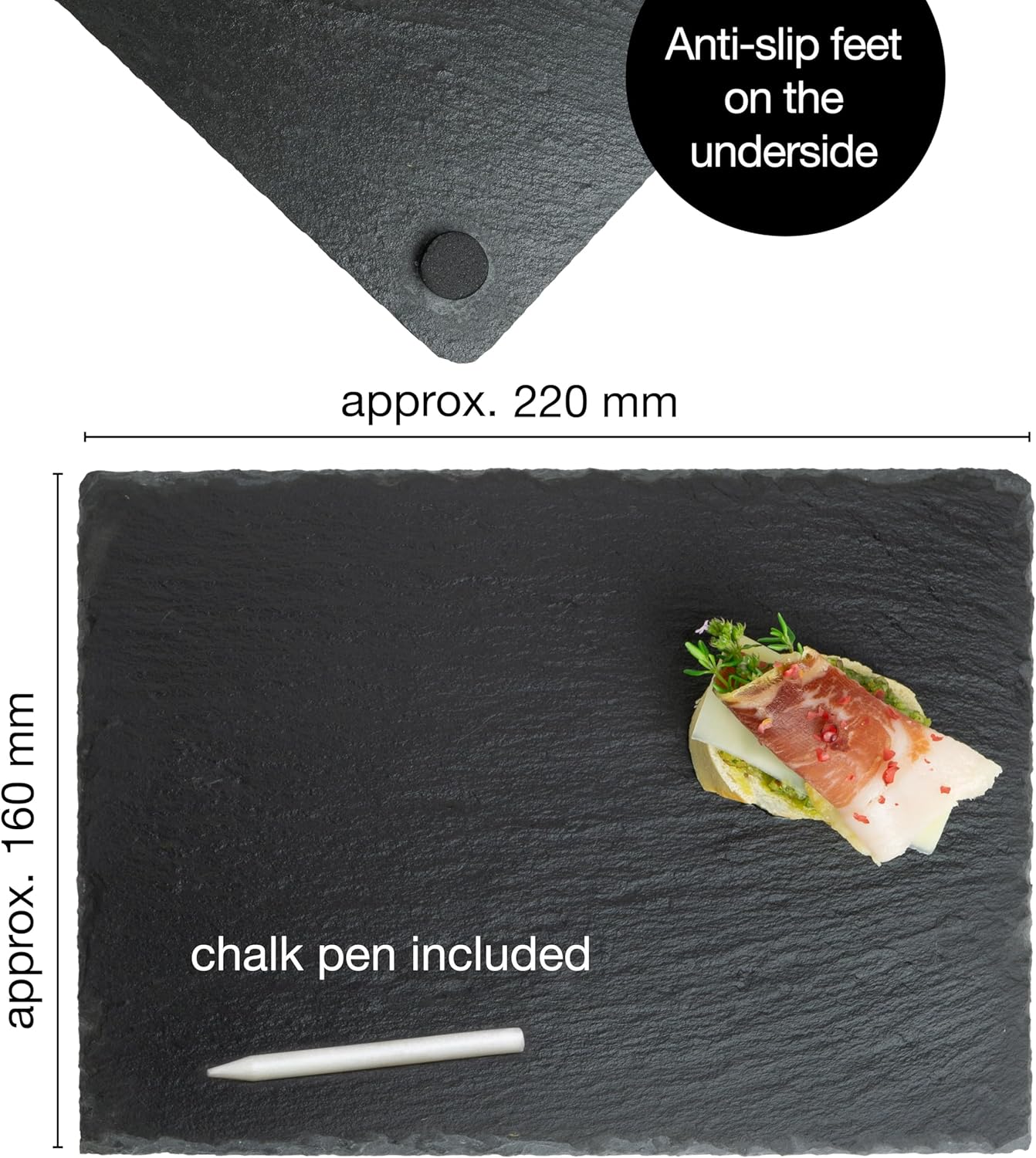 6 Slate Serving Plates 22x16cm with Chalk Pen – Natural, Non-Slip, Decorative