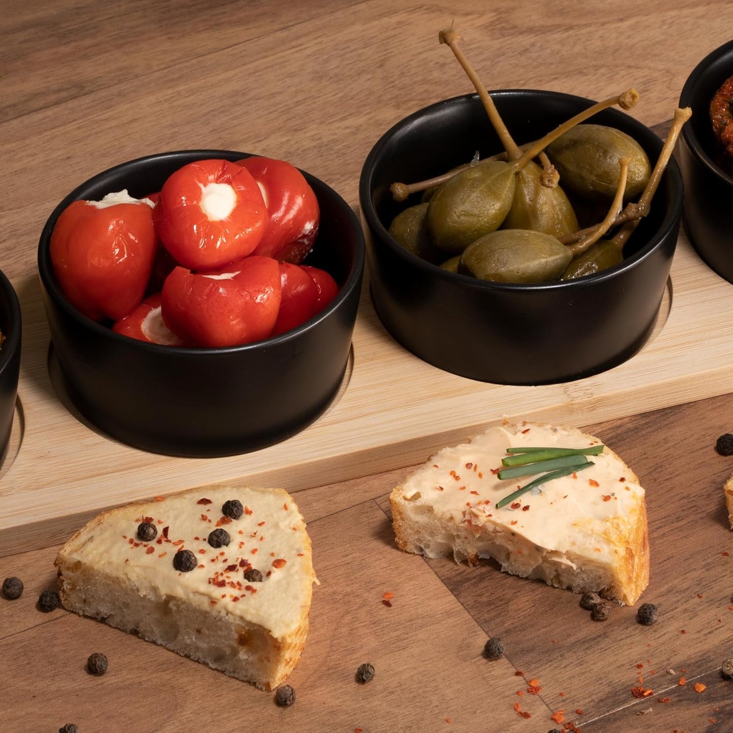 Black Serving Bowl Set with Spoon & Board – Tapas, Dips, Snacks, Entertaining