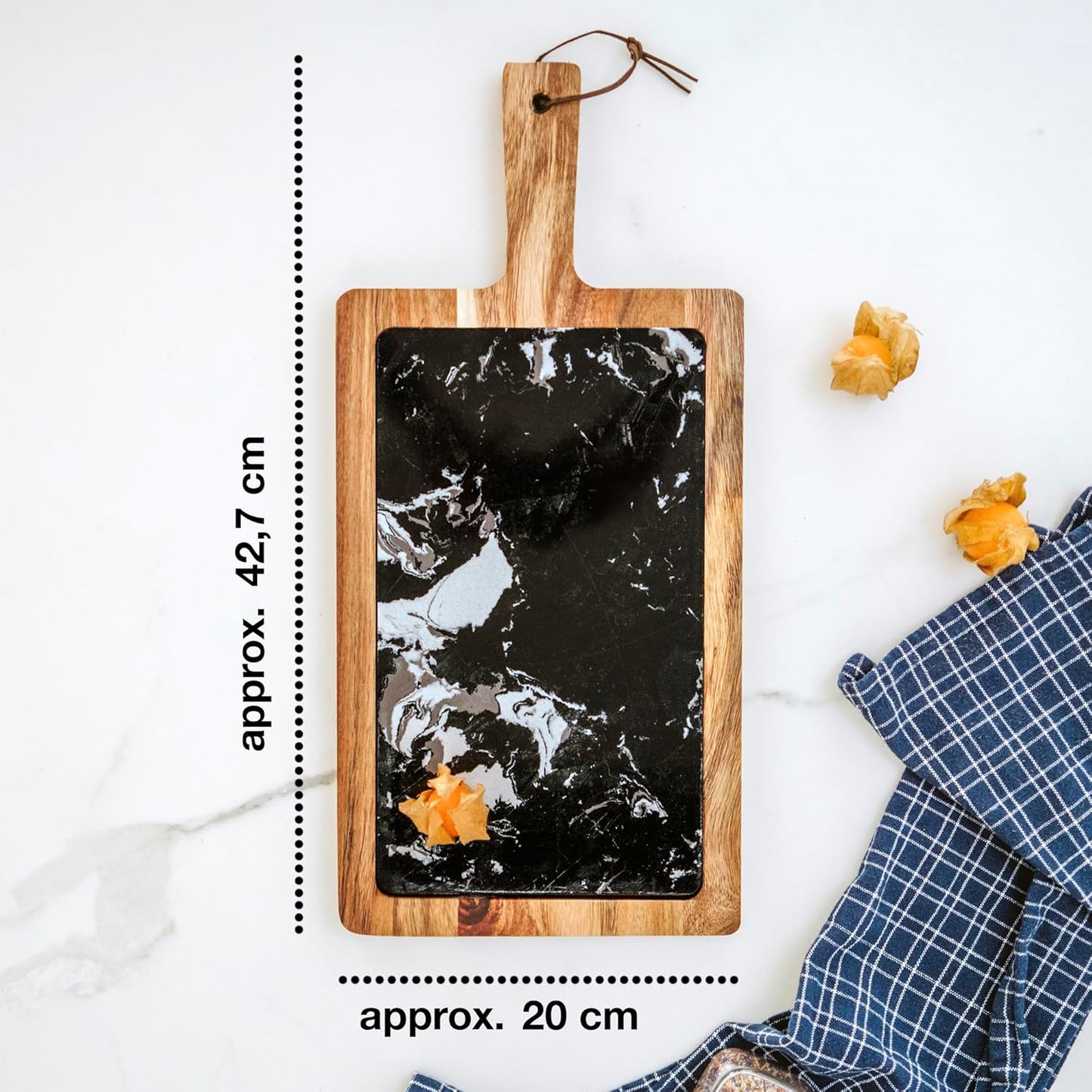 Acacia Wood & Marble Serving Board – Removable, Elegant, 43x20cm Tray