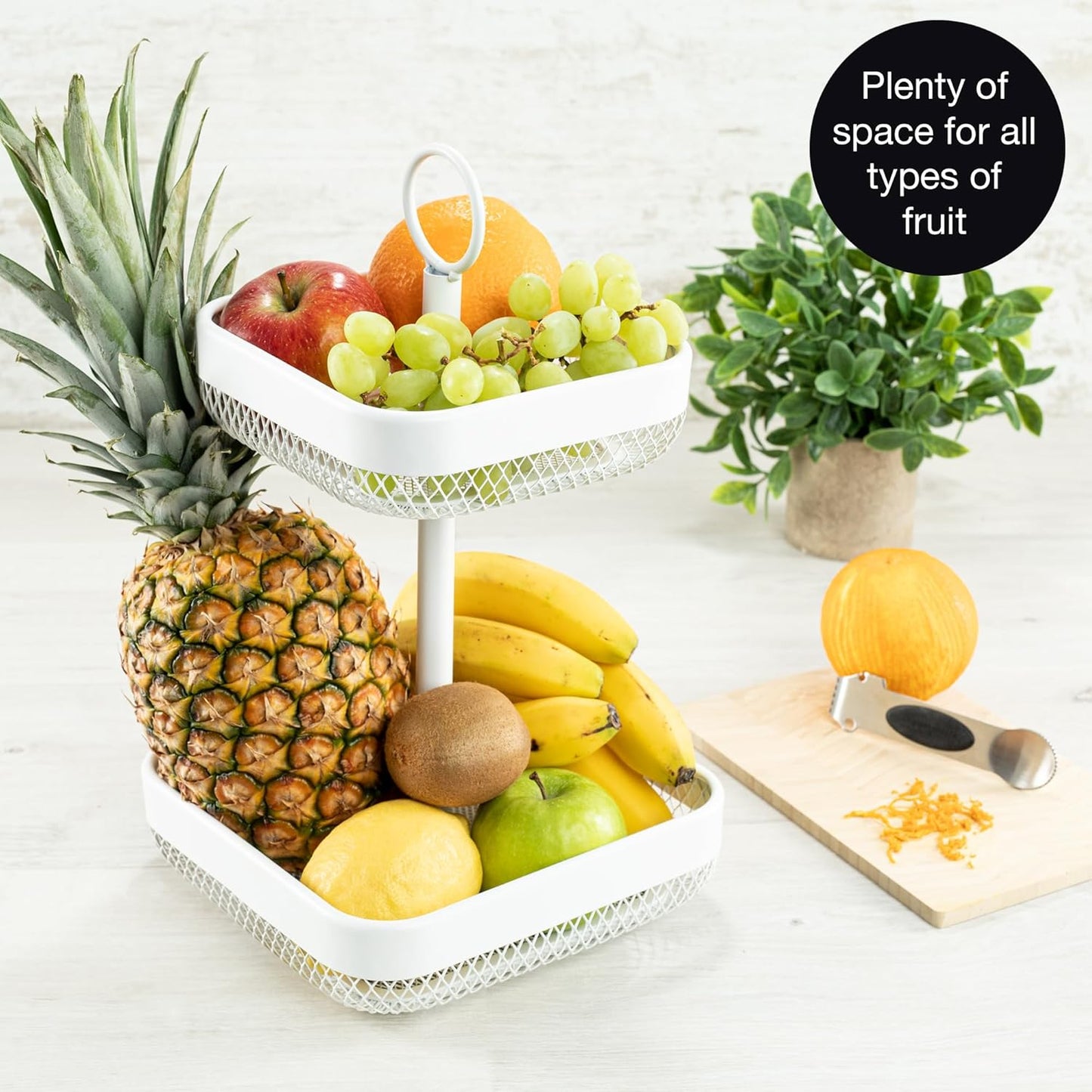 2-Tier White Metal Fruit & Cake Stand with Citrus Peeler – Modern Kitchen Organizer