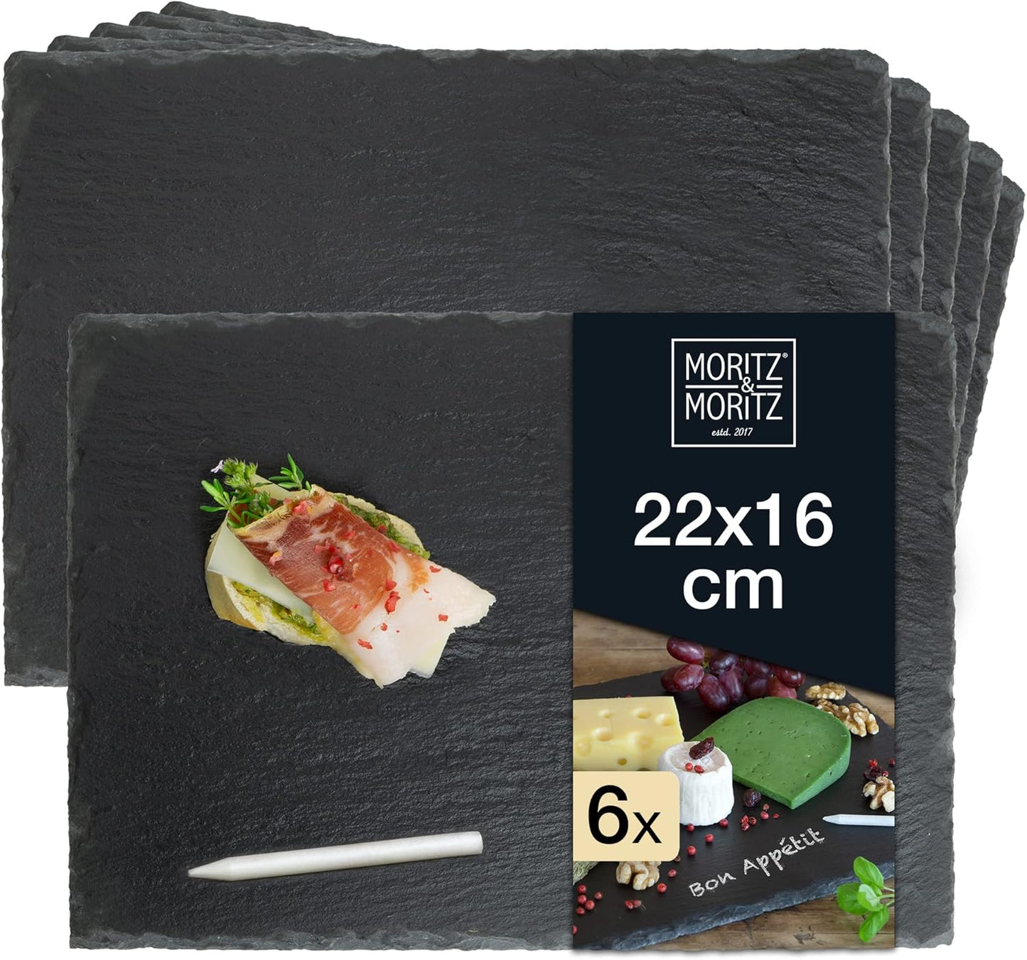 6 Slate Serving Plates 22x16cm with Chalk Pen – Natural, Non-Slip, Decorative