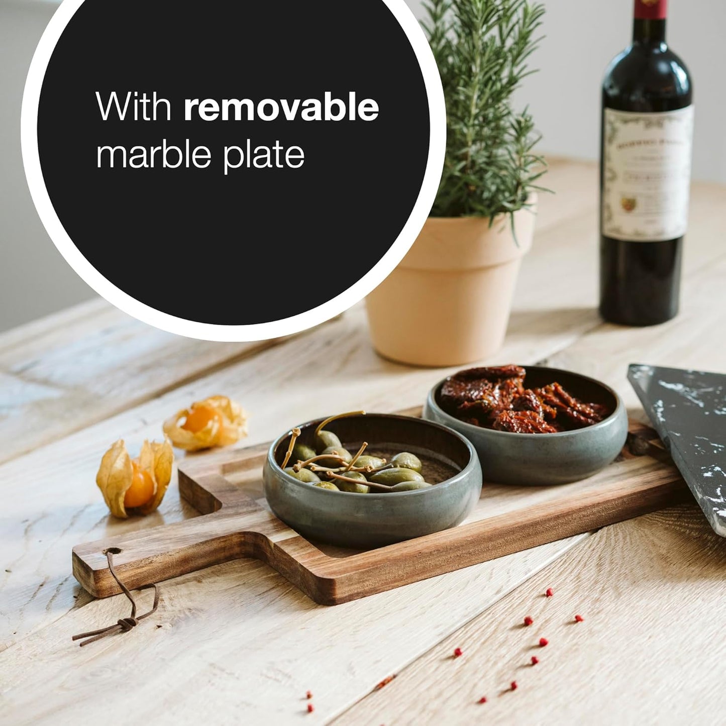 Acacia Wood & Marble Serving Board – Removable, Elegant, 43x20cm Tray
