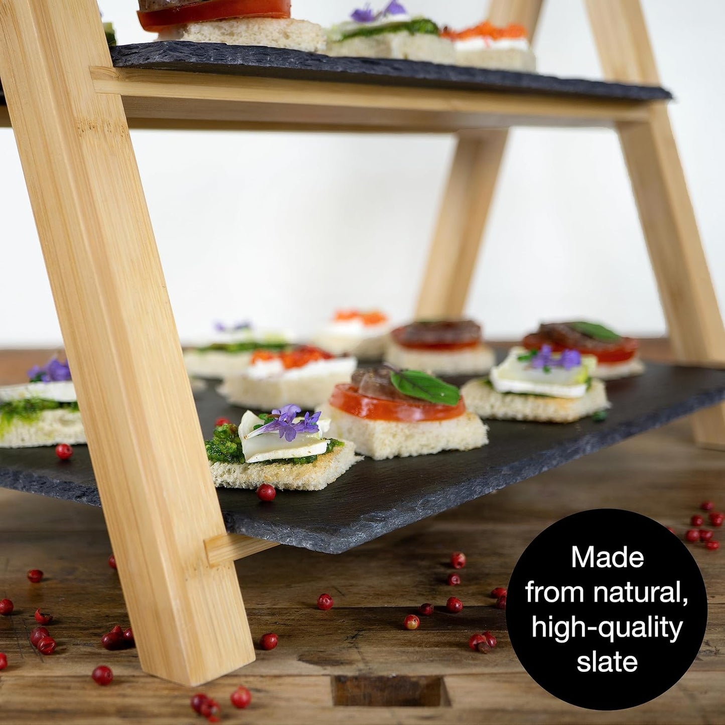 2-Tier Bamboo Cake Stand with Slate Plates – Foldable Dessert Display Tray