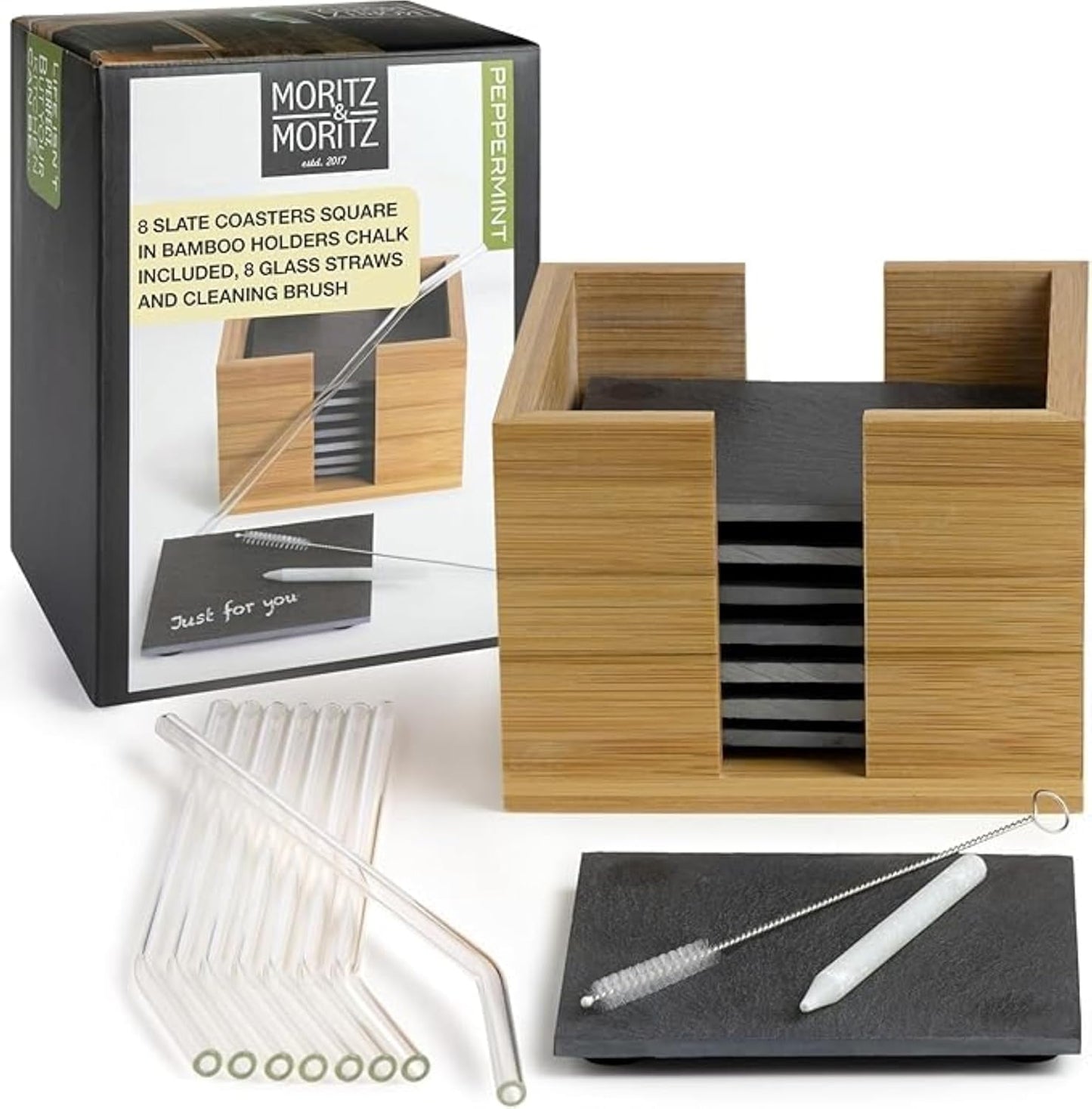 19-Piece Slate Coaster Set – Square & Round Coasters with Glass Straws, Bamboo Holder, Chalk Pen & Brush