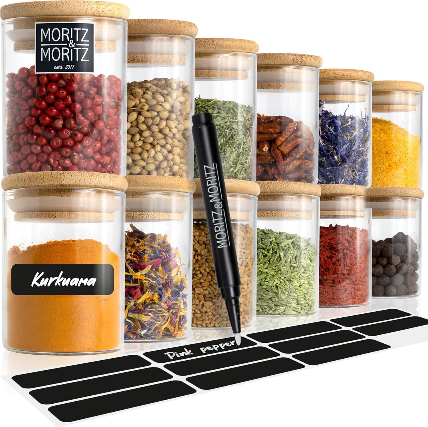 12-Piece Spice Jar Set – 4.2oz Glass Jars with Airtight Bamboo Lids & Labels