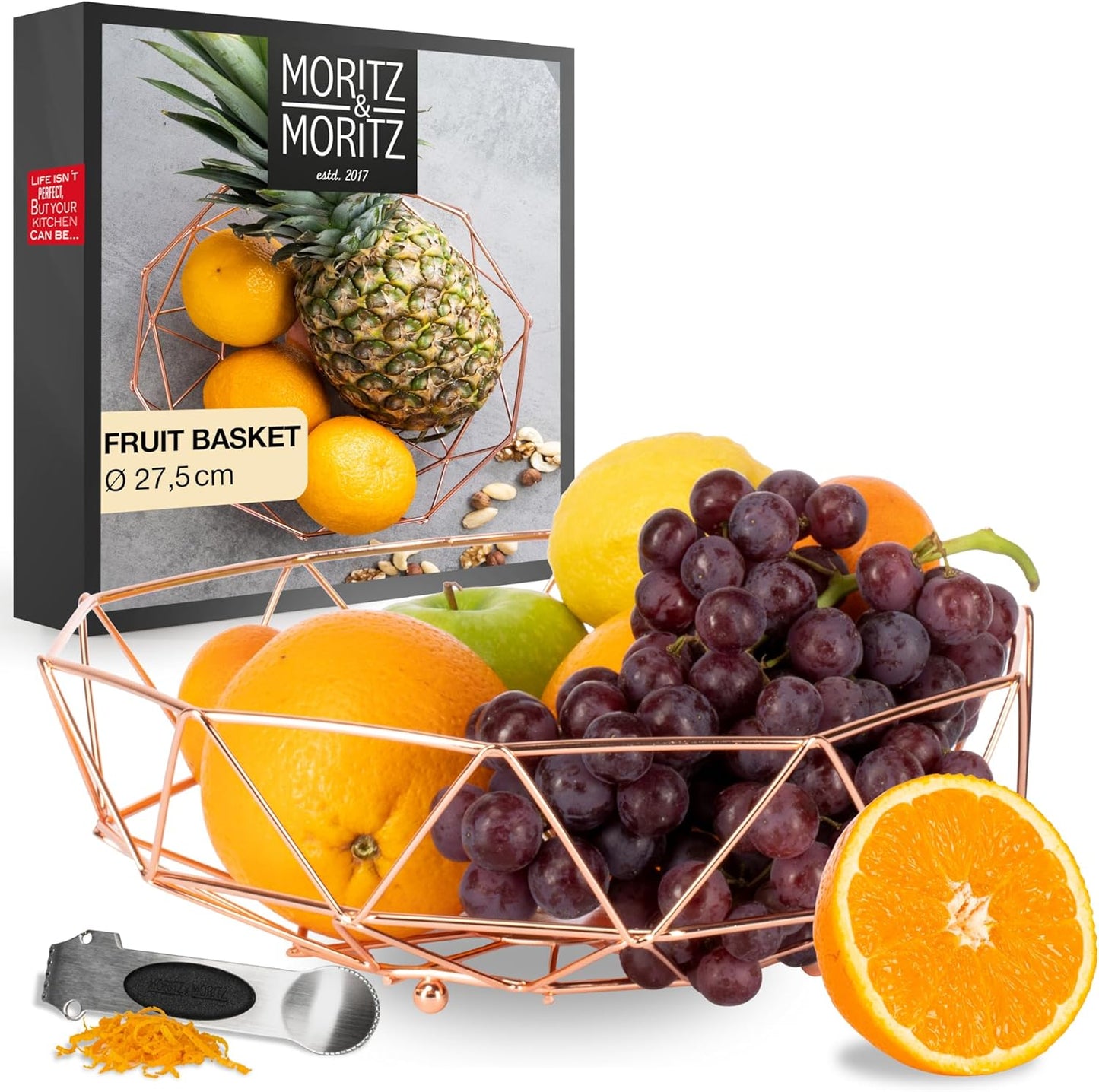 Rose Gold Fruit Bowl 27.5cm – Modern Metal Basket for Fruits, Gifts & Decor
