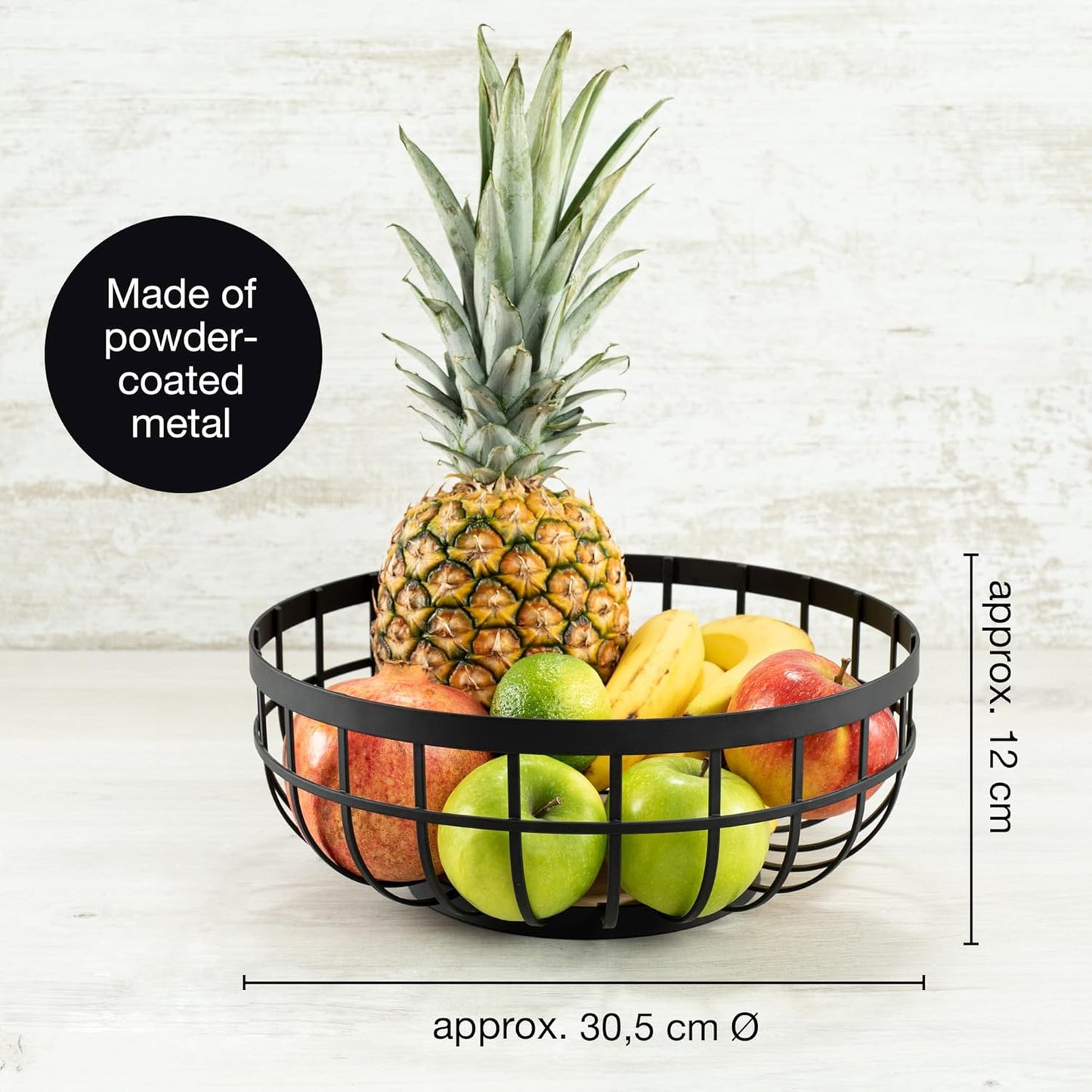 12" Black Metal Fruit Bowl – Modern Counter Basket for Fruit, Veggies & Bread