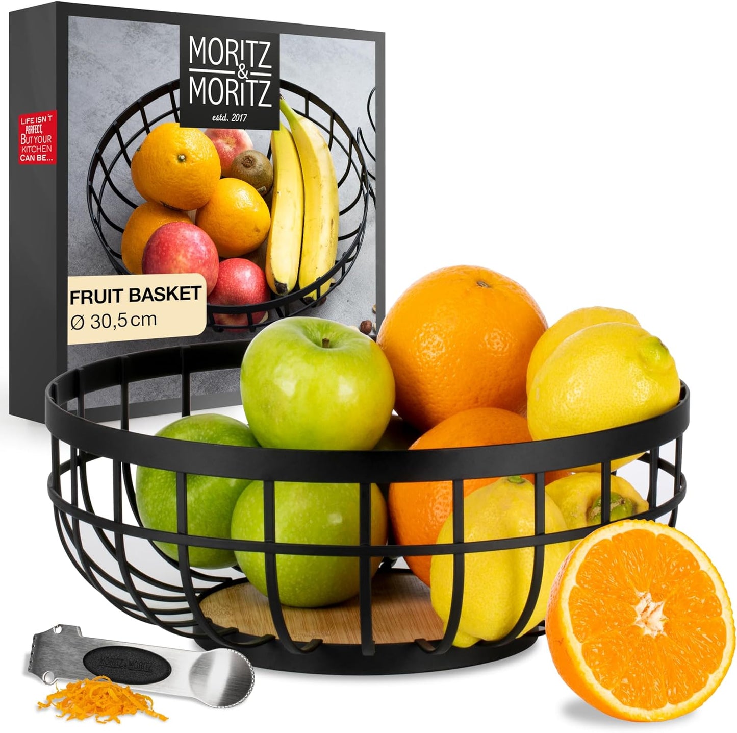 12" Black Metal Fruit Bowl – Modern Counter Basket for Fruit, Veggies & Bread