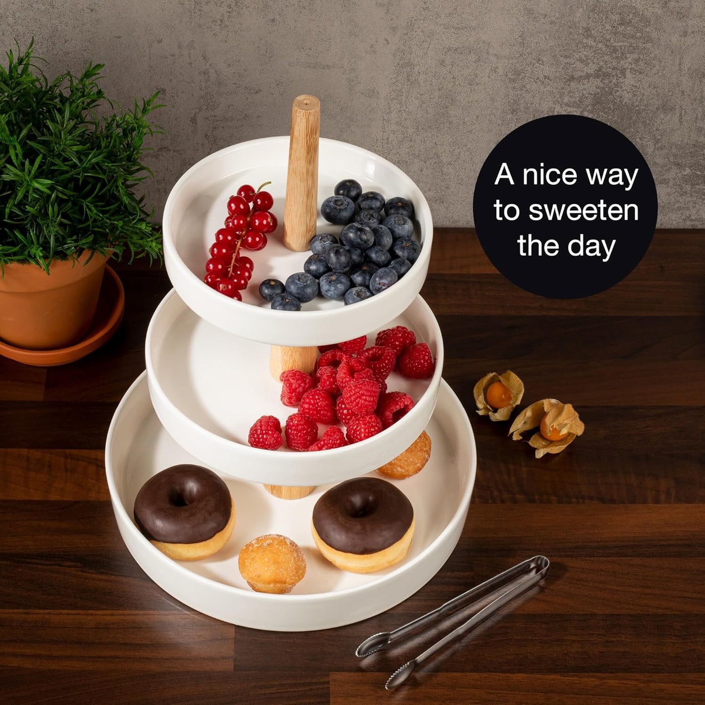 3 Tier Porcelain Cake Stand with Tongs – Elegant Dessert Display for Parties