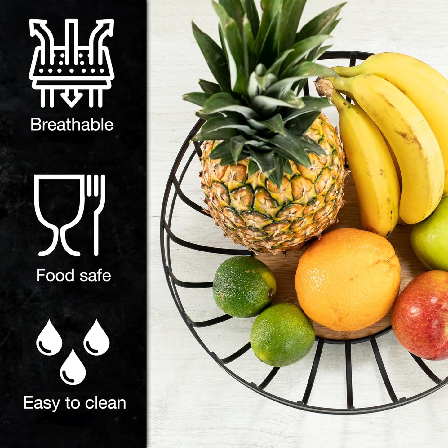 12" Black Metal Fruit Bowl – Modern Counter Basket for Fruit, Veggies & Bread