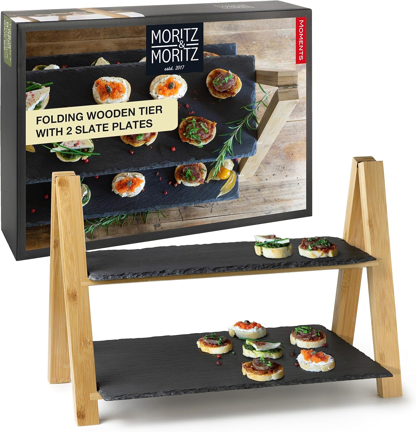 2-Tier Bamboo Cake Stand with Slate Plates – Foldable Dessert Display Tray