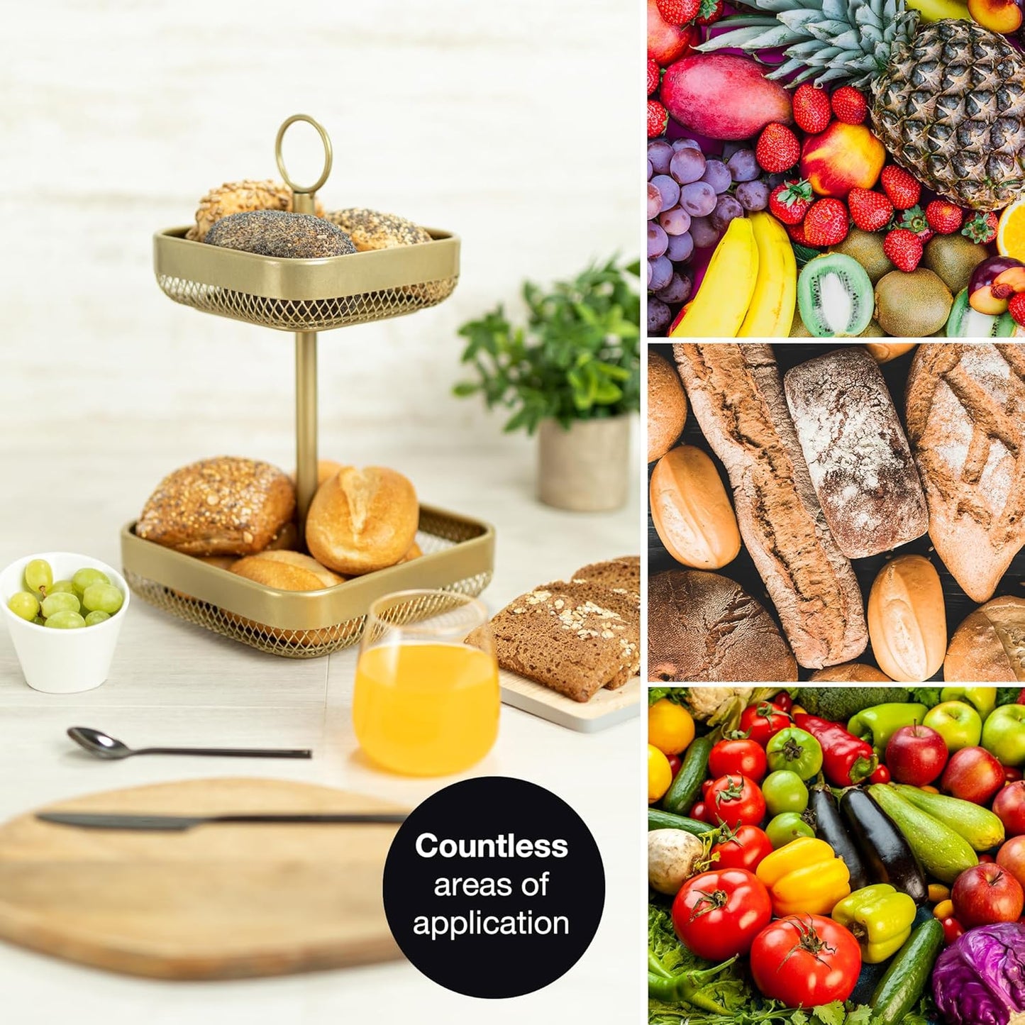Gold Metal Fruit Cake Stand – Modern Bowl for Fruit, Bread, Vegetables