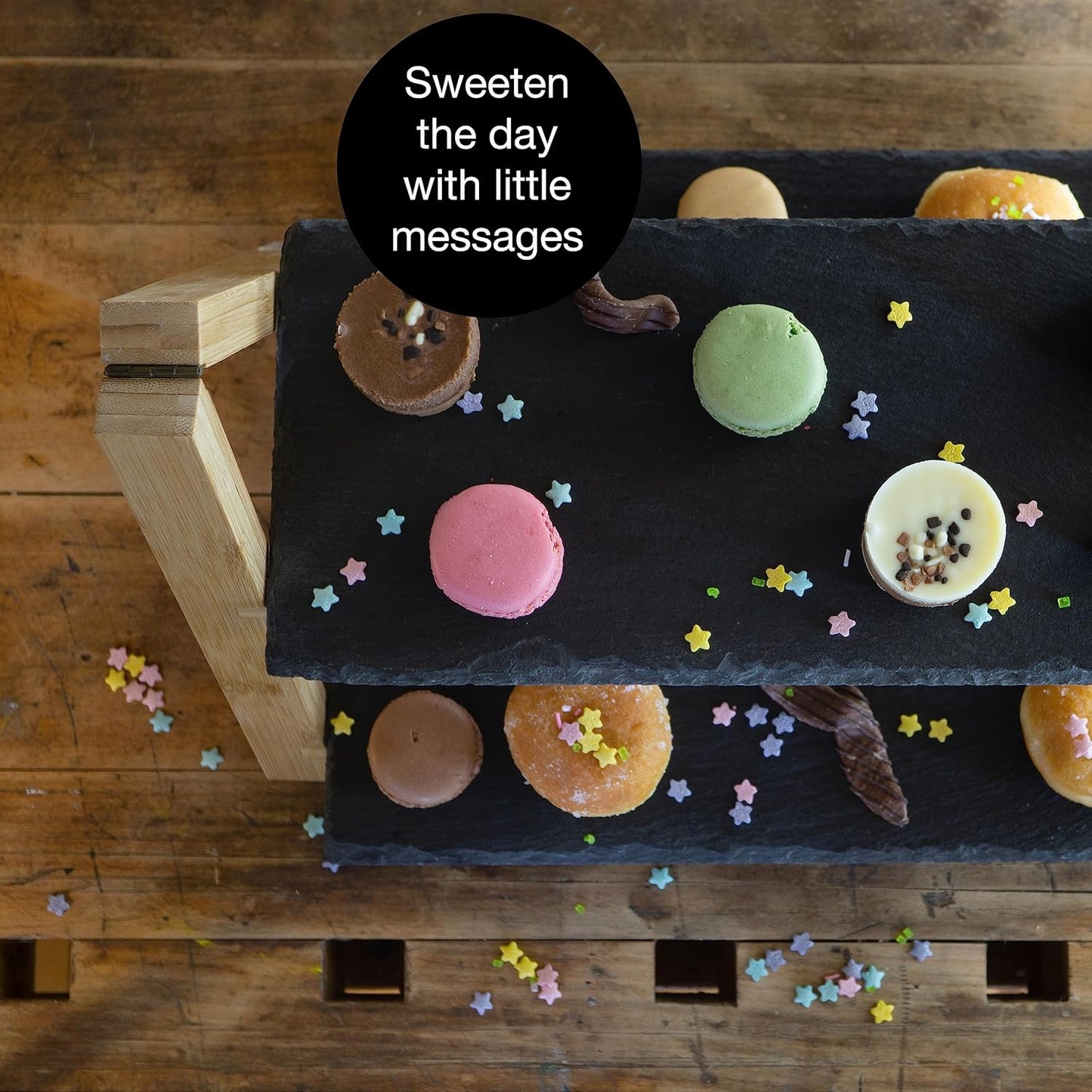 2-Tier Bamboo Cake Stand with Slate Plates – Foldable Dessert Display Tray