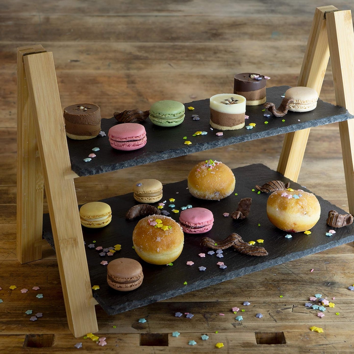 2-Tier Bamboo Cake Stand with Slate Plates – Foldable Dessert Display Tray