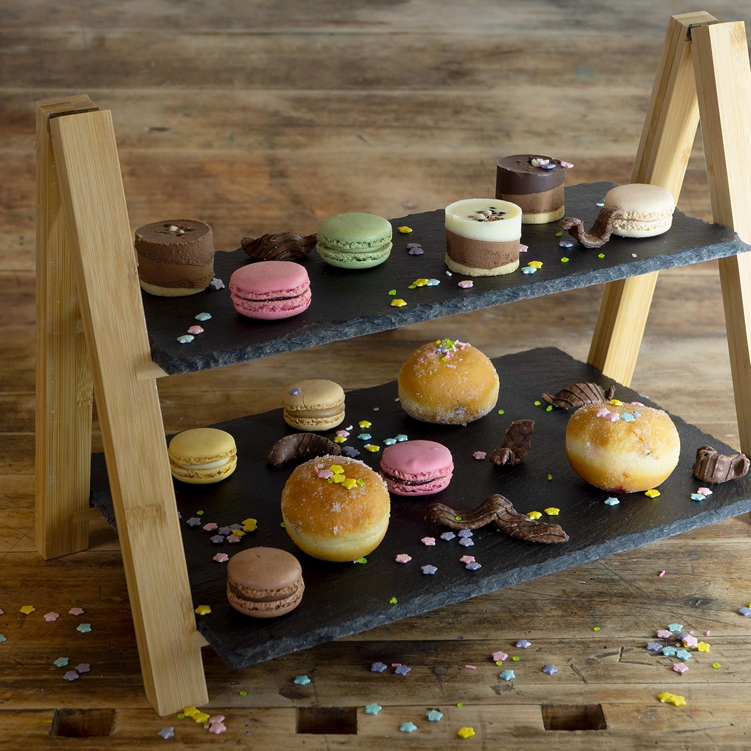2-Tier Bamboo Cake Stand with Slate Plates – Foldable Dessert Display Tray